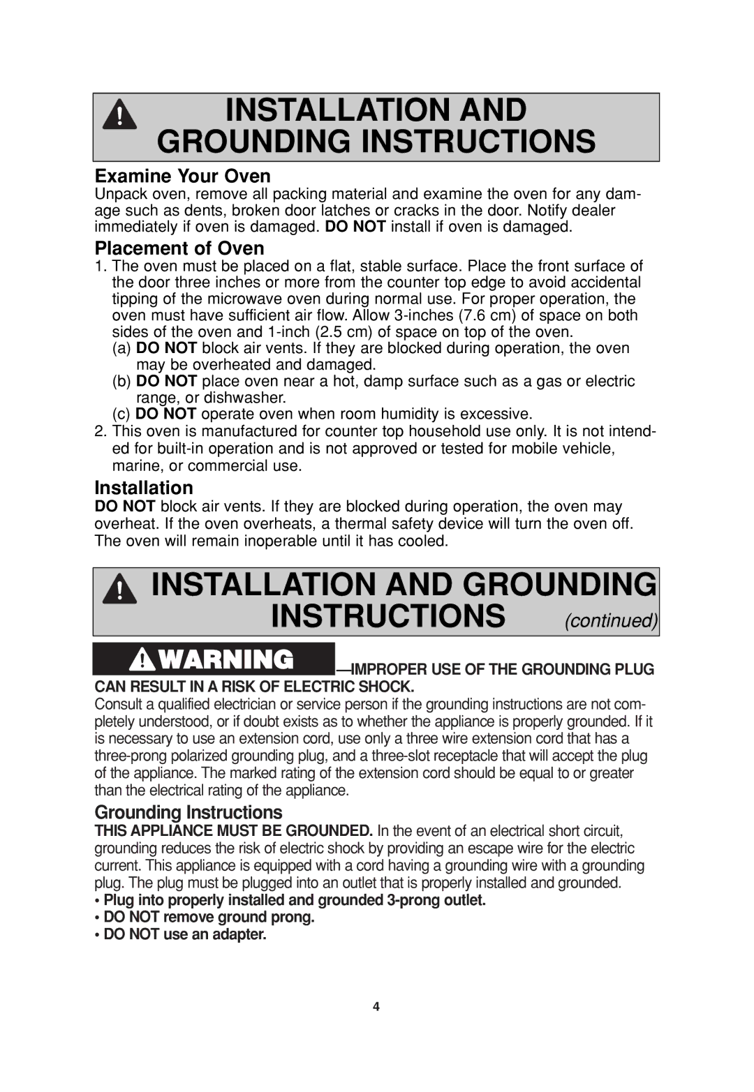 Panasonic NN-SN960S operating instructions Examine Your Oven, Placement of Oven, Installation, Grounding Instructions 