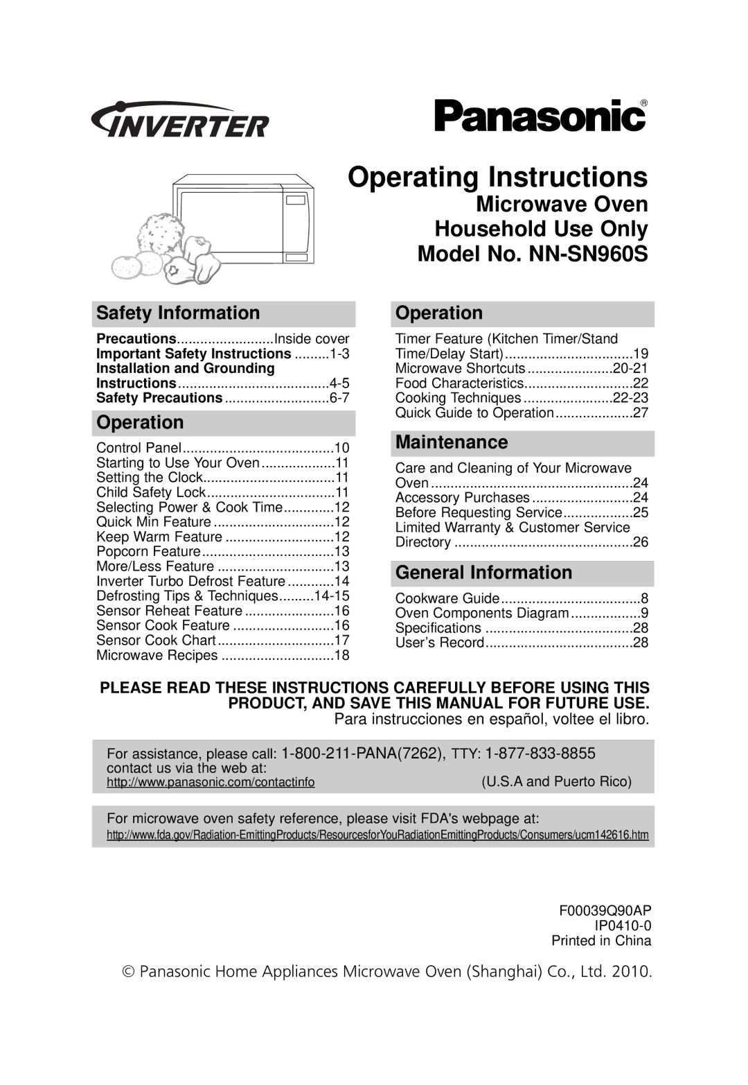 Panasonic NN-SN960S operating instructions Operating Instructions, Safety Information, Operation, Maintenance 