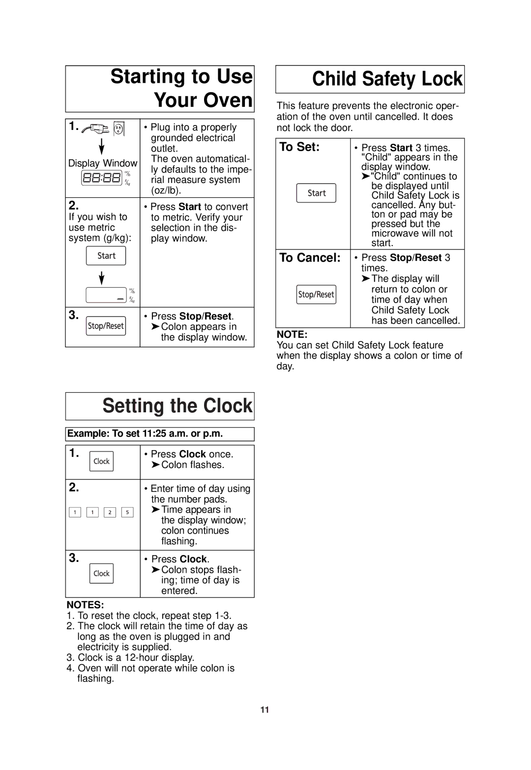 Panasonic NN-SN960S Starting to Use Your Oven, Setting the Clock, Child Safety Lock, Press Stop/Reset 