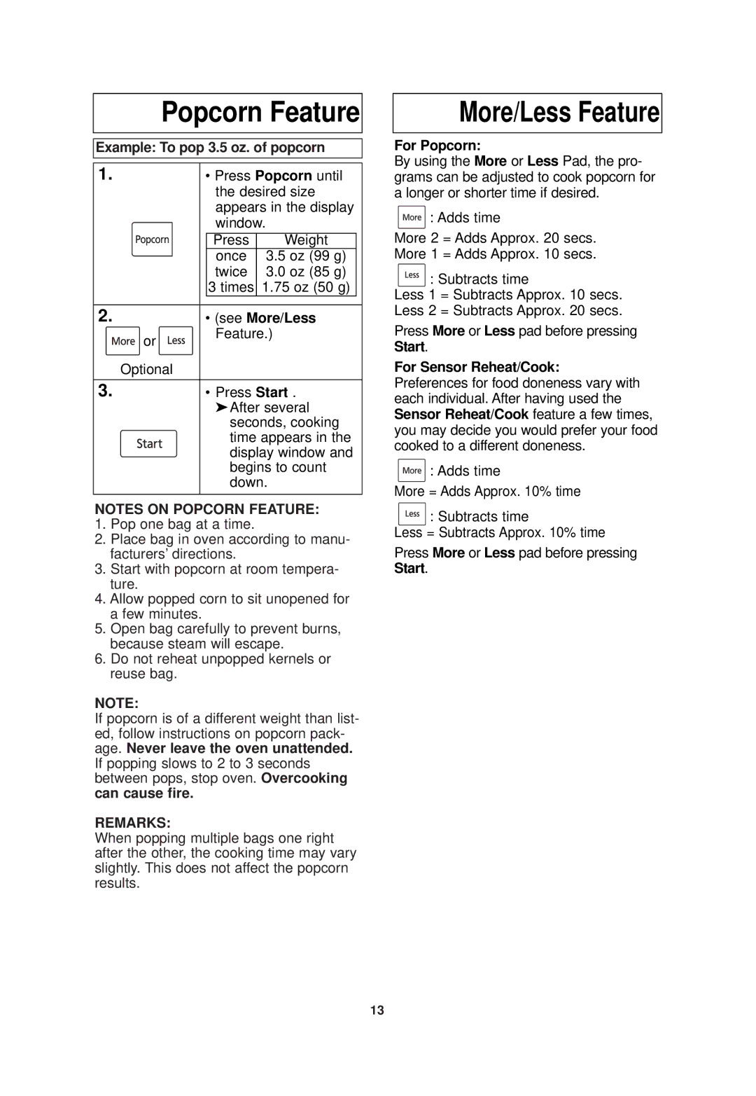 Panasonic NN-SN960S Popcorn Feature, More/Less Feature, Example To pop 3.5 oz. of popcorn, See More/Less, For Popcorn 