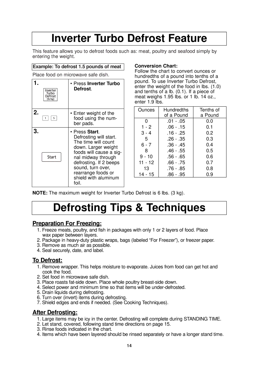 Panasonic NN-SN960S Inverter Turbo Defrost Feature, Defrosting Tips & Techniques, Example To defrost 1.5 pounds of meat 