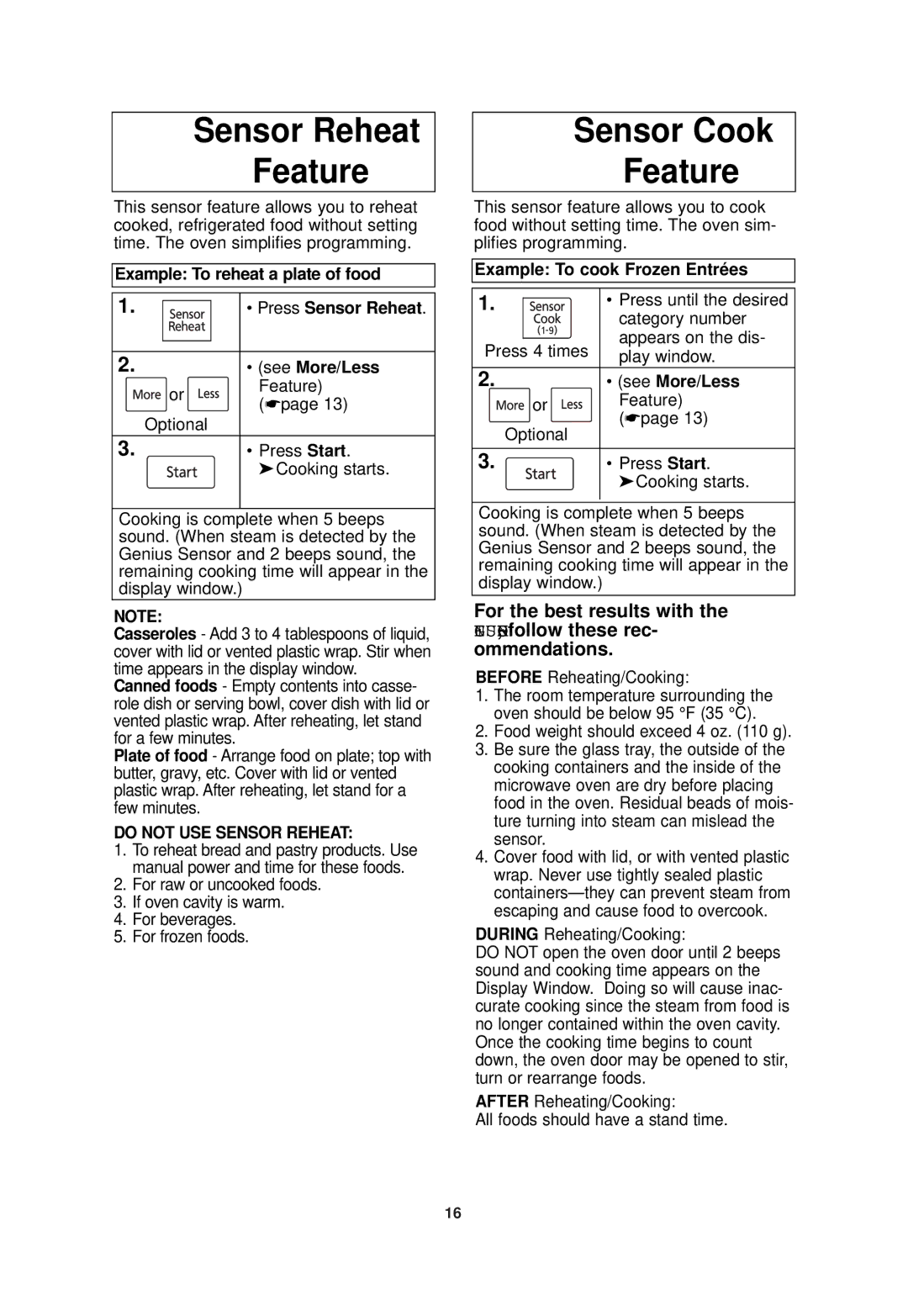 Panasonic NN-SN960S operating instructions Sensor Reheat Feature, Sensor Cook Feature, Example To cook Frozen Entrées 