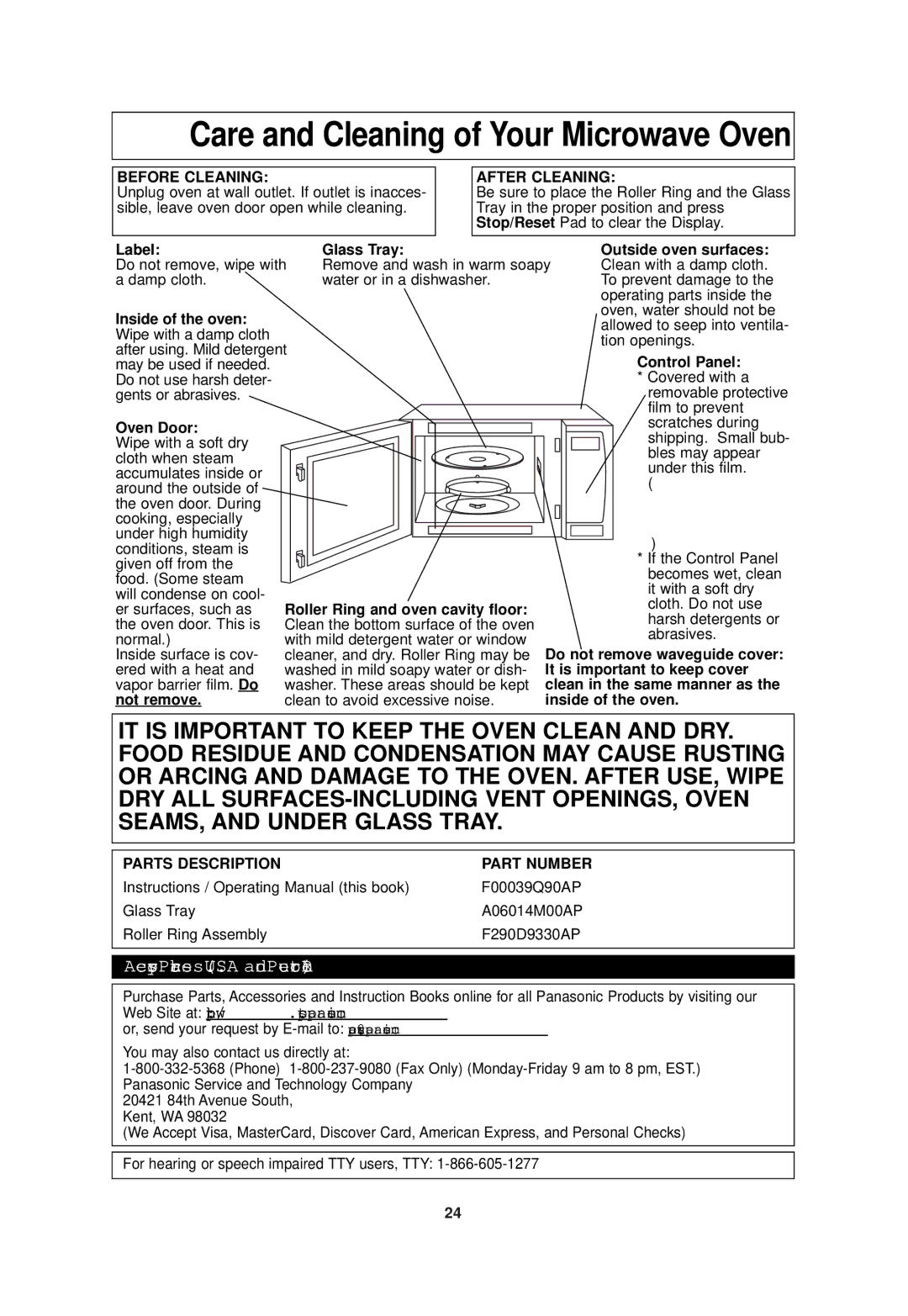 Panasonic NN-SN960S operating instructions Care and Cleaning of Your Microwave Oven 