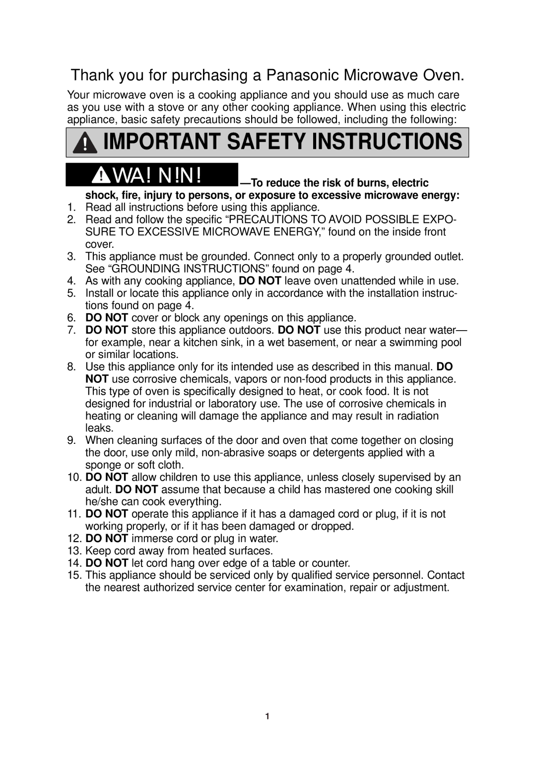 Panasonic NN-SN960S operating instructions Important Safety Instructions 