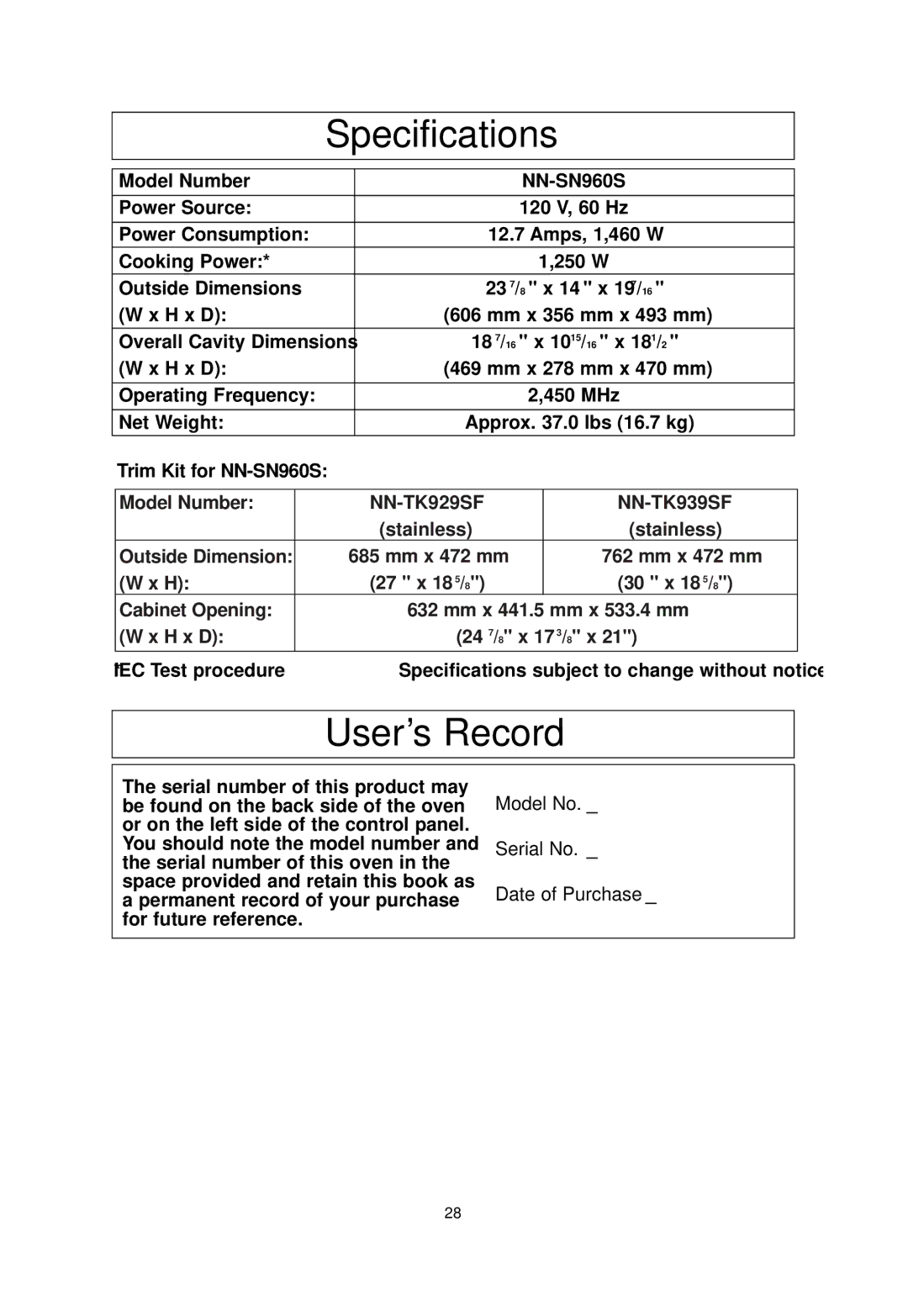 Panasonic NN-SN960S operating instructions Specifications, User’s Record 