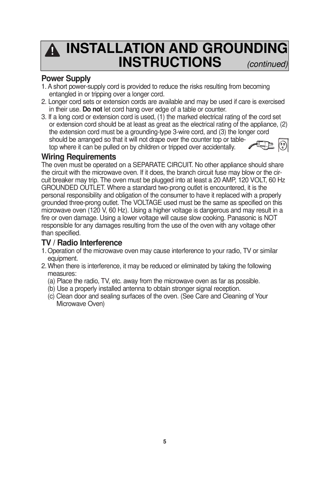 Panasonic NN-SN960S operating instructions Power Supply, Wiring Requirements, TV / Radio Interference 