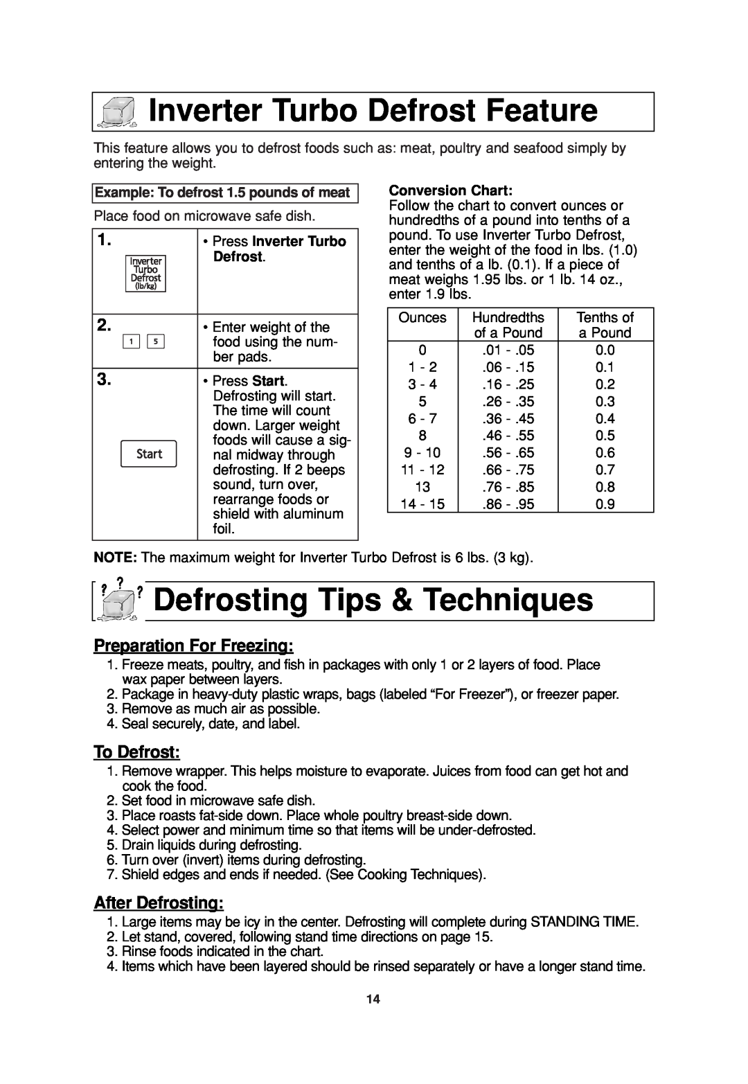 Panasonic NN-SN960S Inverter Turbo Defrost Feature, Defrosting Tips & Techniques, Preparation For Freezing, To Defrost 