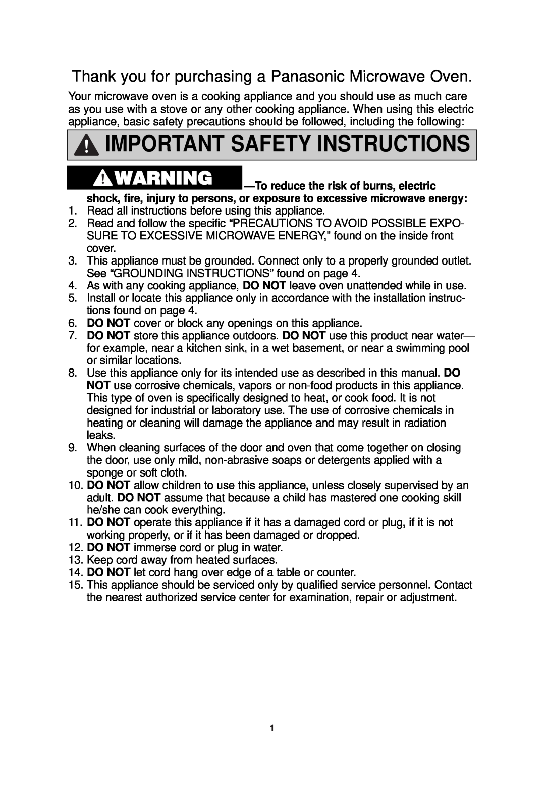Panasonic NN-SN960S Important Safety Instructions, Thank you for purchasing a Panasonic Microwave Oven 