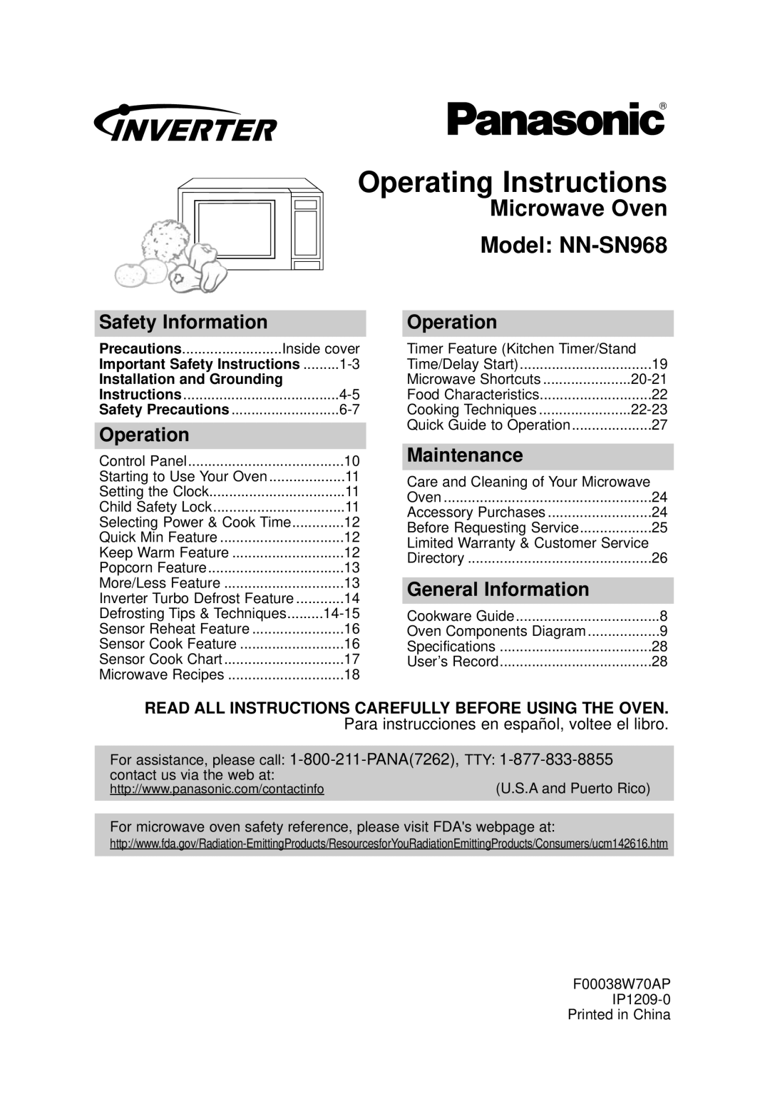 Panasonic NN-SN968 operating instructions Operating Instructions, Safety Information, Operation, Maintenance 