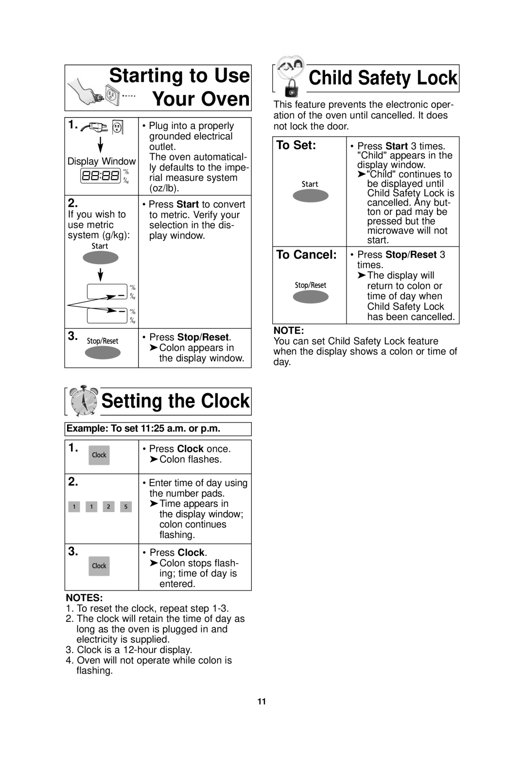 Panasonic NN-SN968 Starting to Use Your Oven, Setting the Clock, Child Safety Lock, To Set, To Cancel 