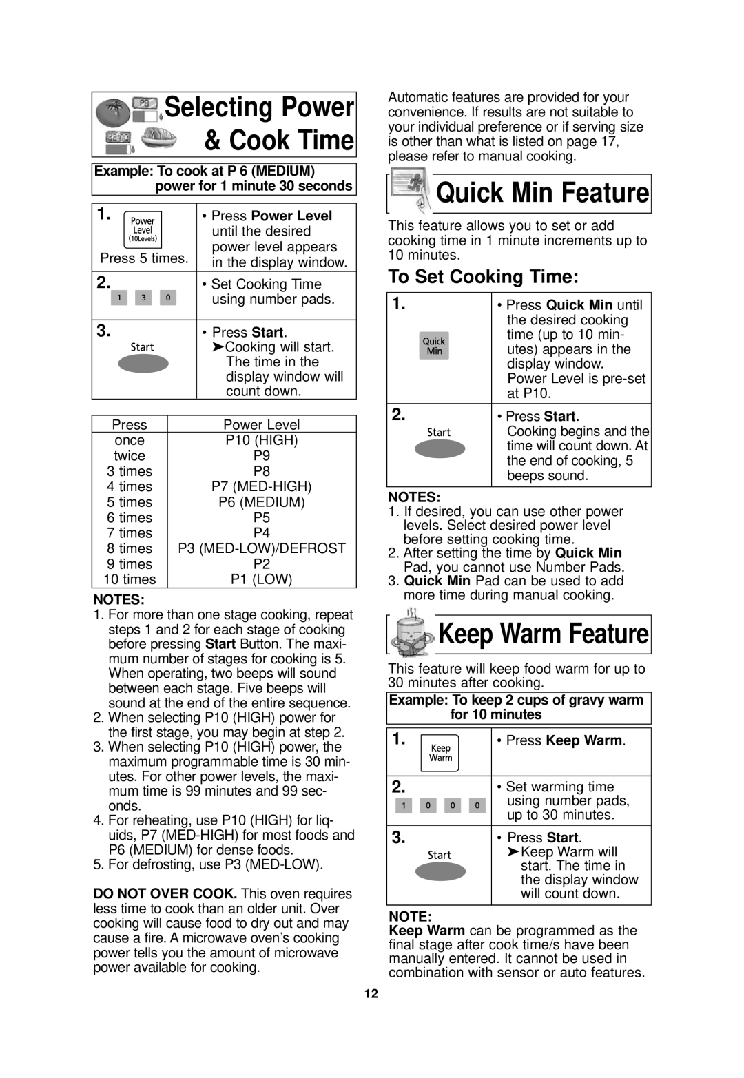 Panasonic NN-SN968 operating instructions Quick Min Feature, To Set Cooking Time, Press Power Level 