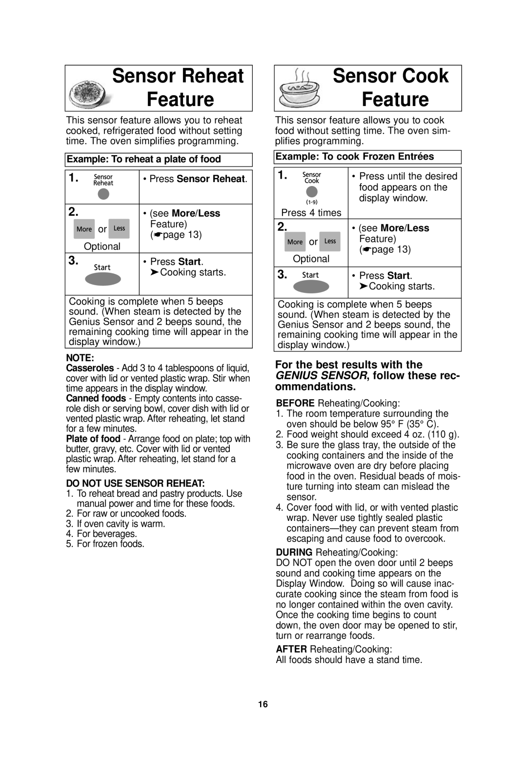 Panasonic NN-SN968 Sensor Reheat Feature, Sensor Cook Feature, Example To reheat a plate of food, Do not USE Sensor Reheat 