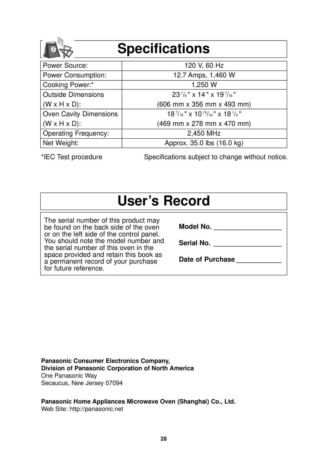 Panasonic NN-SN968 operating instructions Specifications, User’s Record, Model No Serial No Date of Purchase 