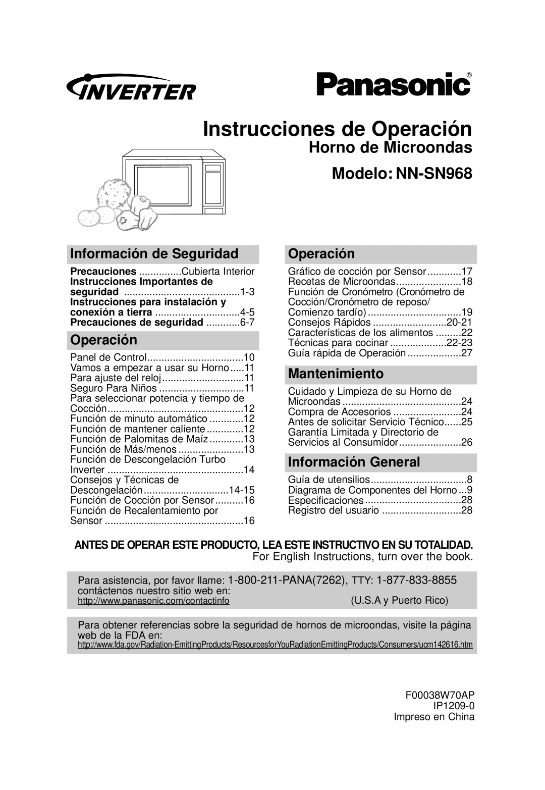 Panasonic NN-SN968 Instrucciones de Operación, Información de Seguridad, Mantenimiento, Información General 