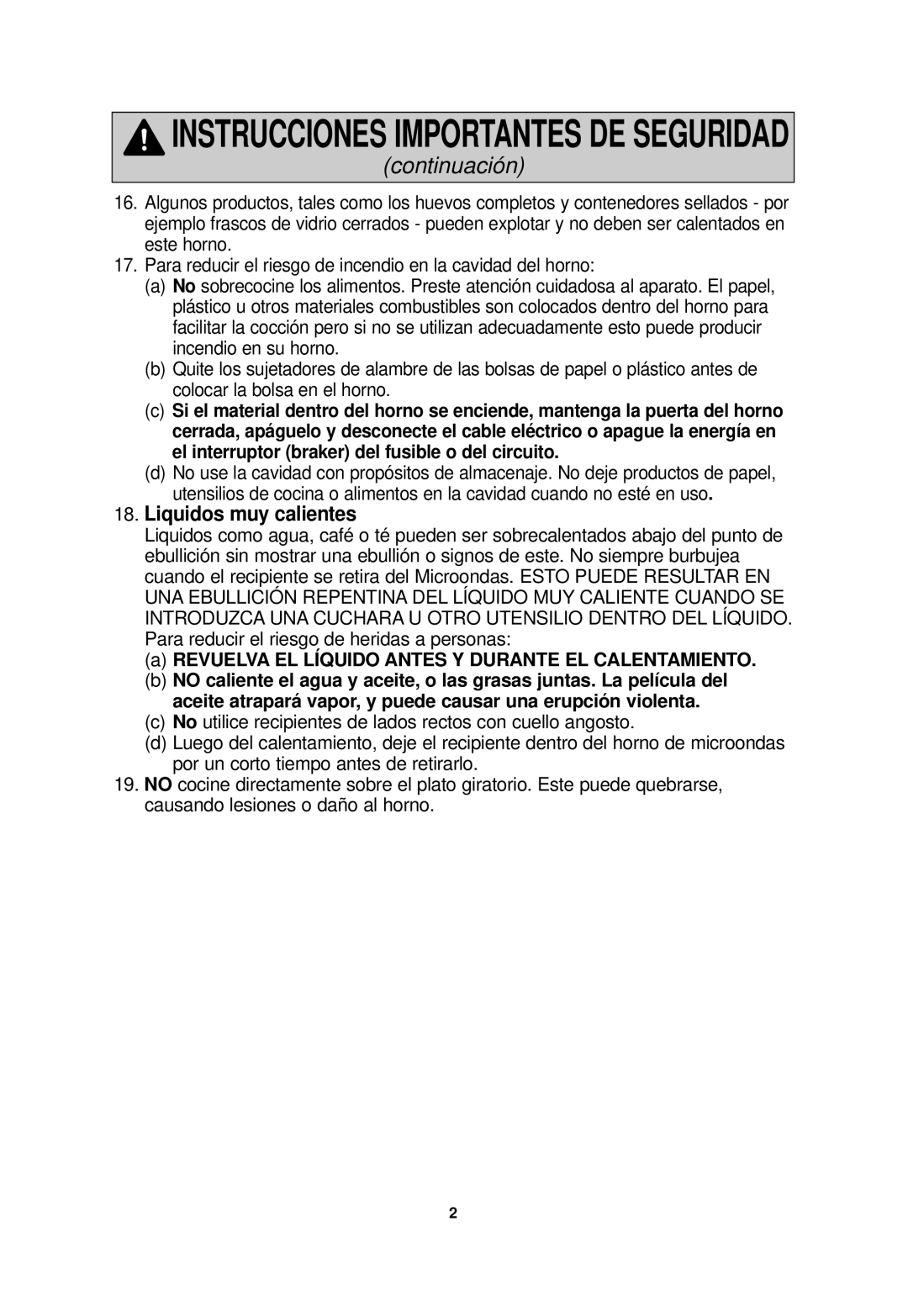 Panasonic NN-SN968 operating instructions Liquidos muy calientes, Revuelva EL Líquido Antes Y Durante EL Calentamiento 