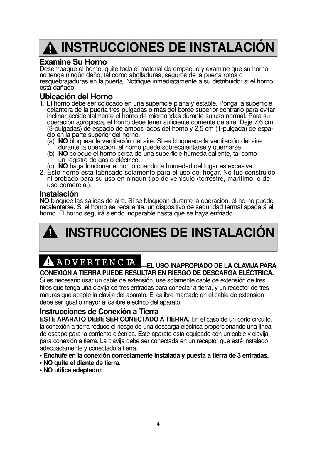 Panasonic NN-SN968 Examine Su Horno, Ubicación del Horno, Instalación, Instrucciones de Conexión a Tierra 