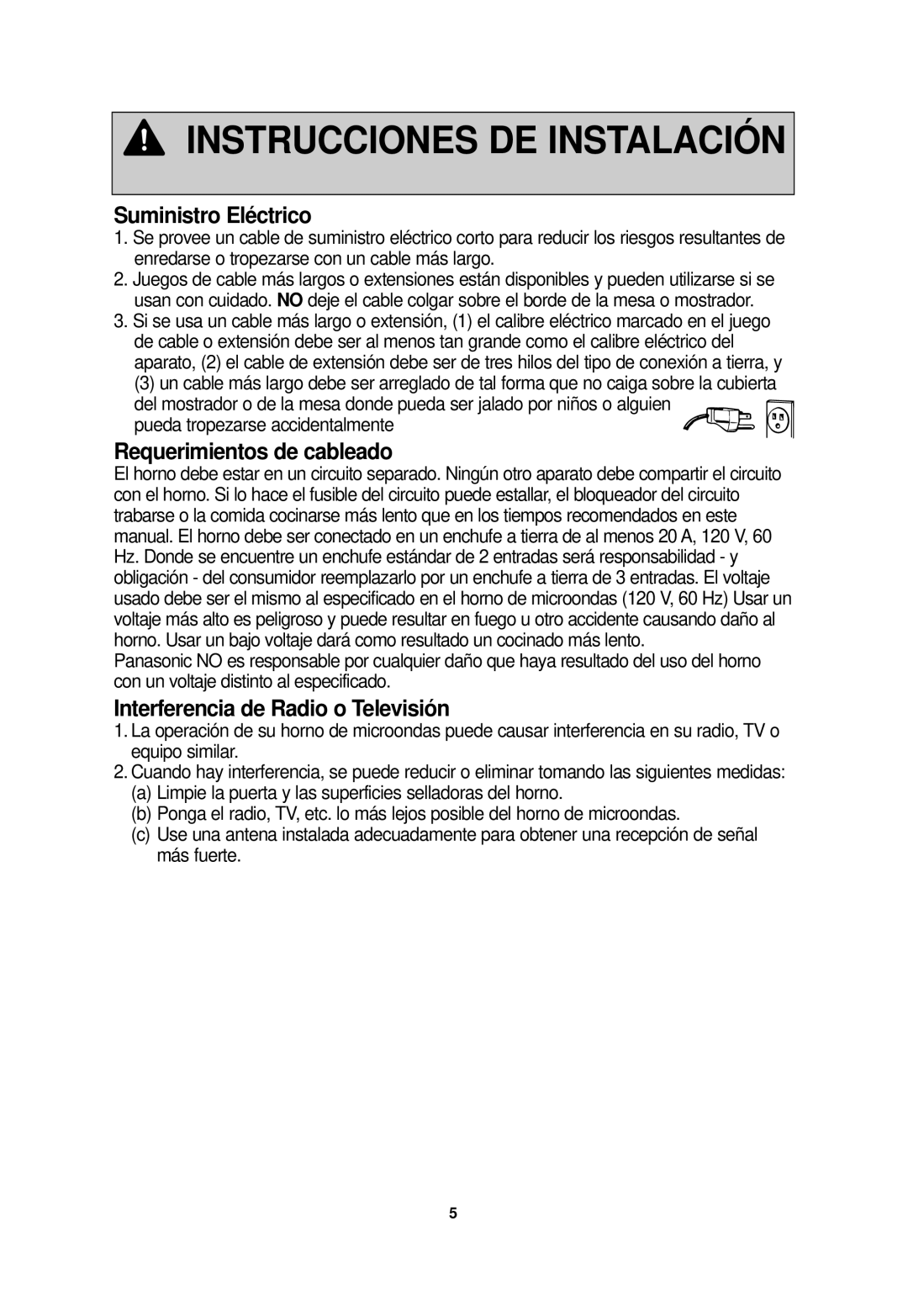 Panasonic NN-SN968 Suministro Eléctrico, Requerimientos de cableado, Interferencia de Radio o Televisión 