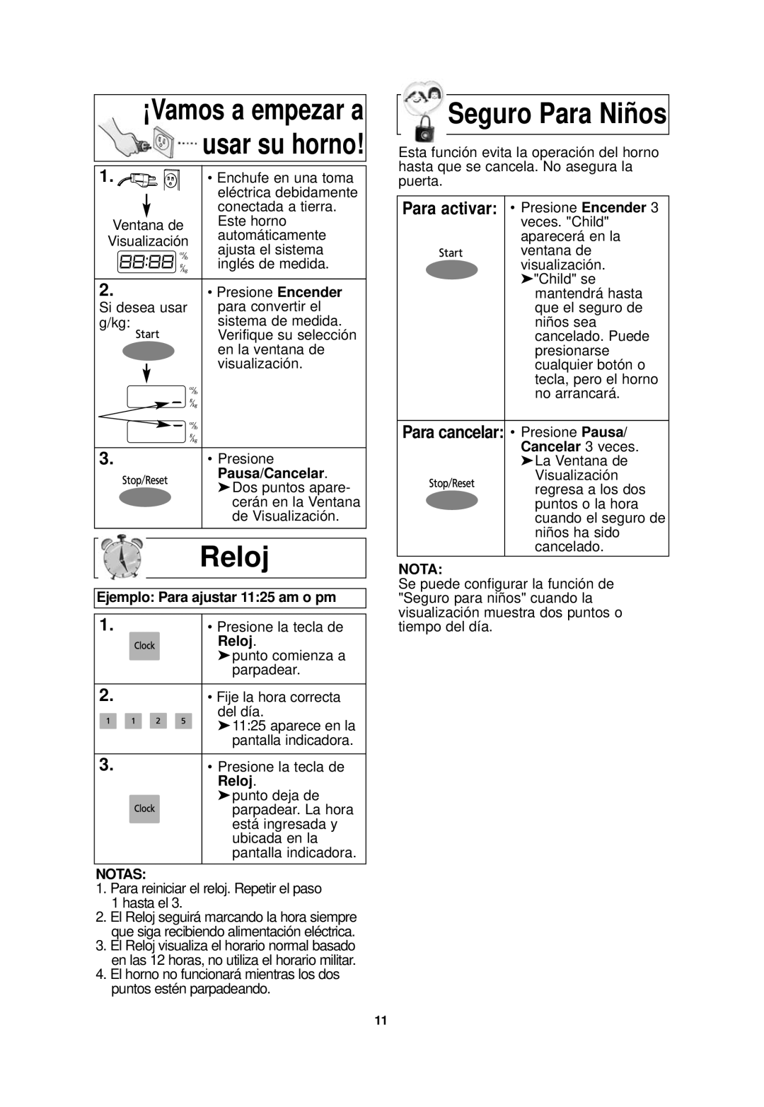 Panasonic NN-SN968 operating instructions Reloj, Para activar Presione Encender 3 veces. Child, Notas 