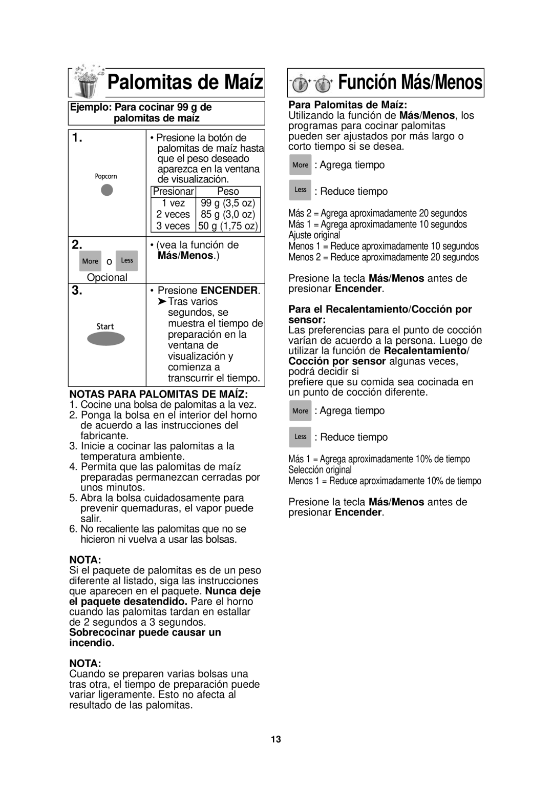 Panasonic NN-SN968 operating instructions Palomitas de Maíz, Notas Para Palomitas DE Maíz 