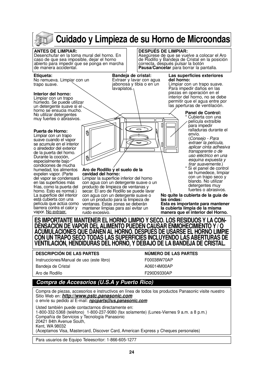 Panasonic NN-SN968 Etiqueta Bandeja de cristal Las superficies exteriores, Del horno, Interior del horno, Panel de Control 