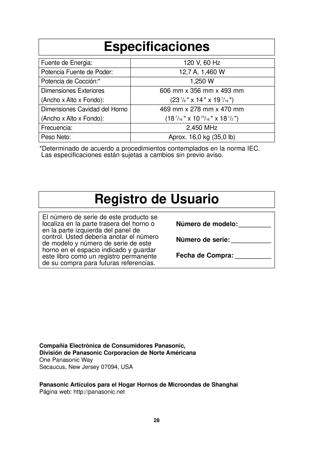 Panasonic NN-SN968 Especificaciones, Registro de Usuario, Número de modelo Número de serie Fecha de Compra 