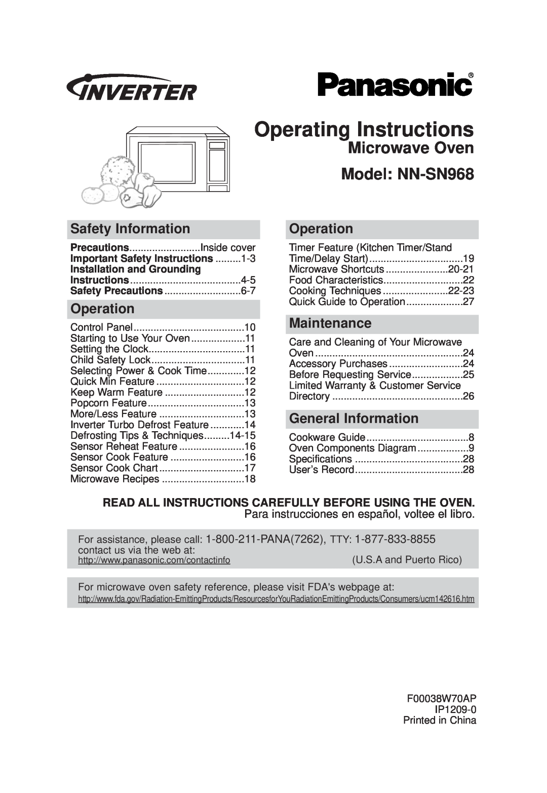 Panasonic operating instructions Operating Instructions, Microwave Oven Model NN-SN968, Safety Information, Operation 
