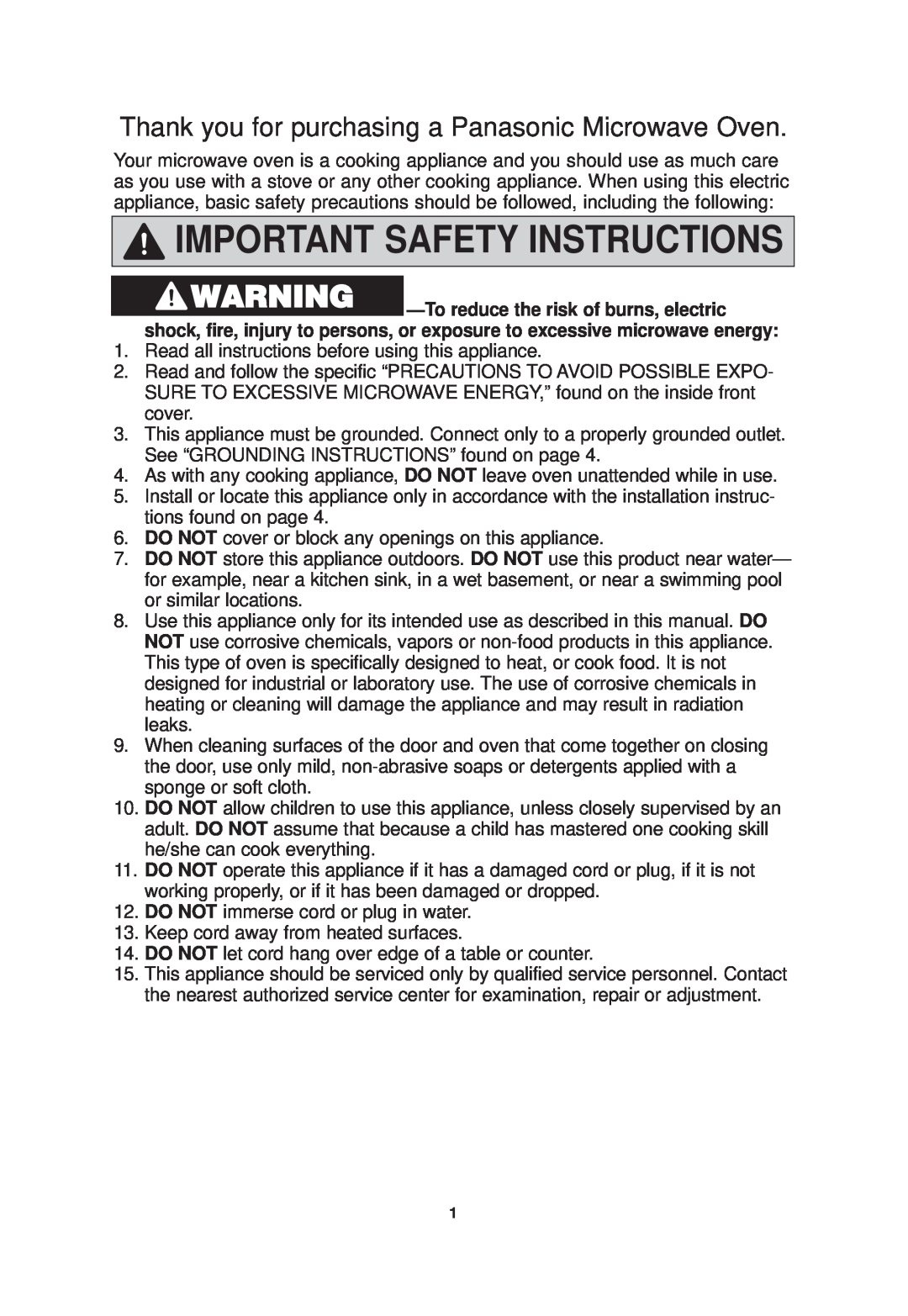 Panasonic NN-SN968 Important Safety Instructions, Thank you for purchasing a Panasonic Microwave Oven 