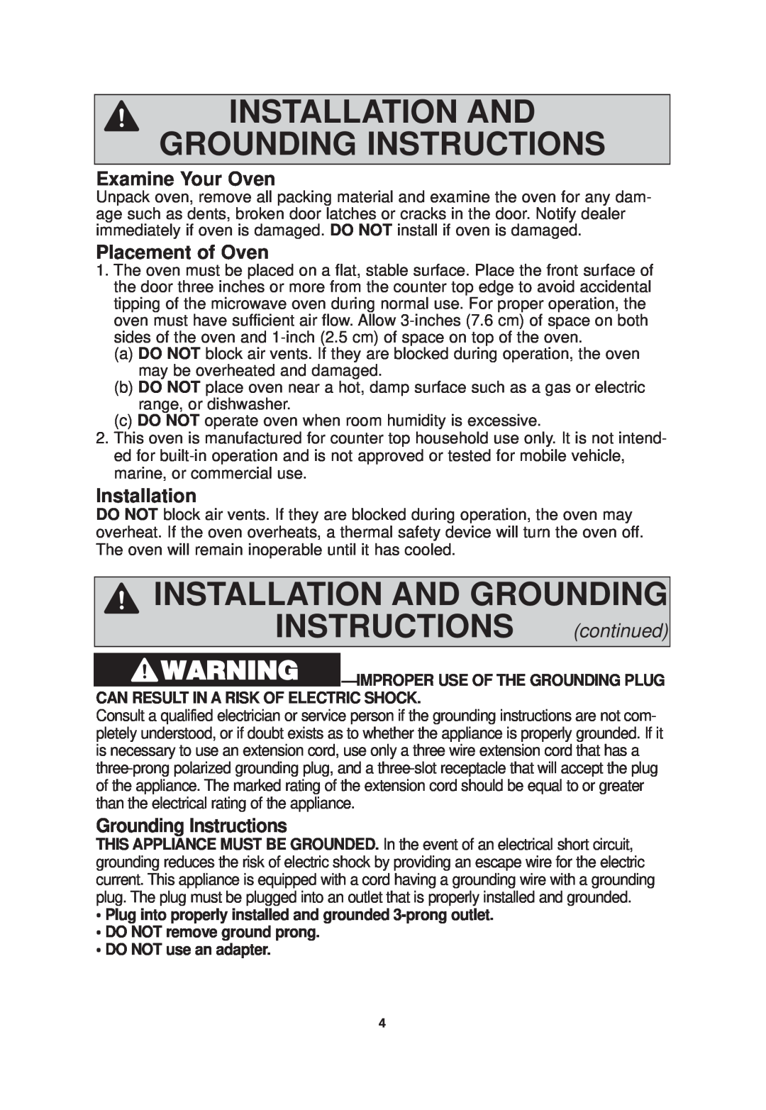 Panasonic NN-SN968 Installation And Grounding Instructions, INSTALLATION AND GROUNDING INSTRUCTIONS continued 