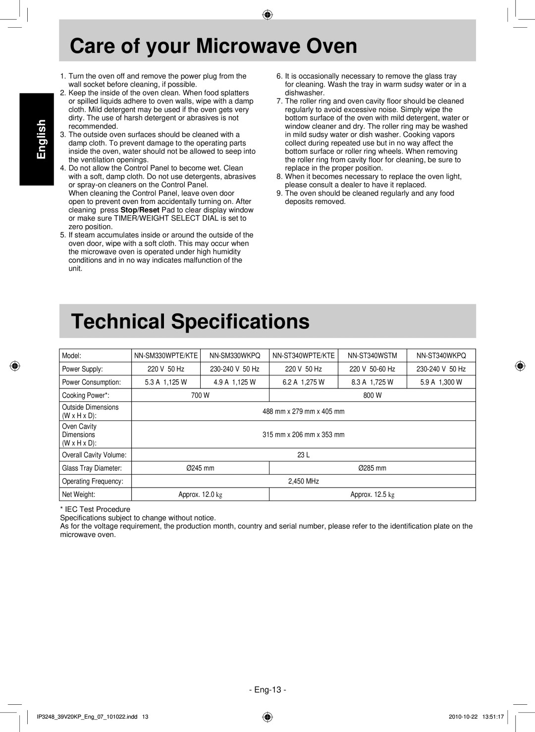 Panasonic NN-ST340W, NN-SM330W operating instructions Care of your Microwave Oven, Technical Specifications 