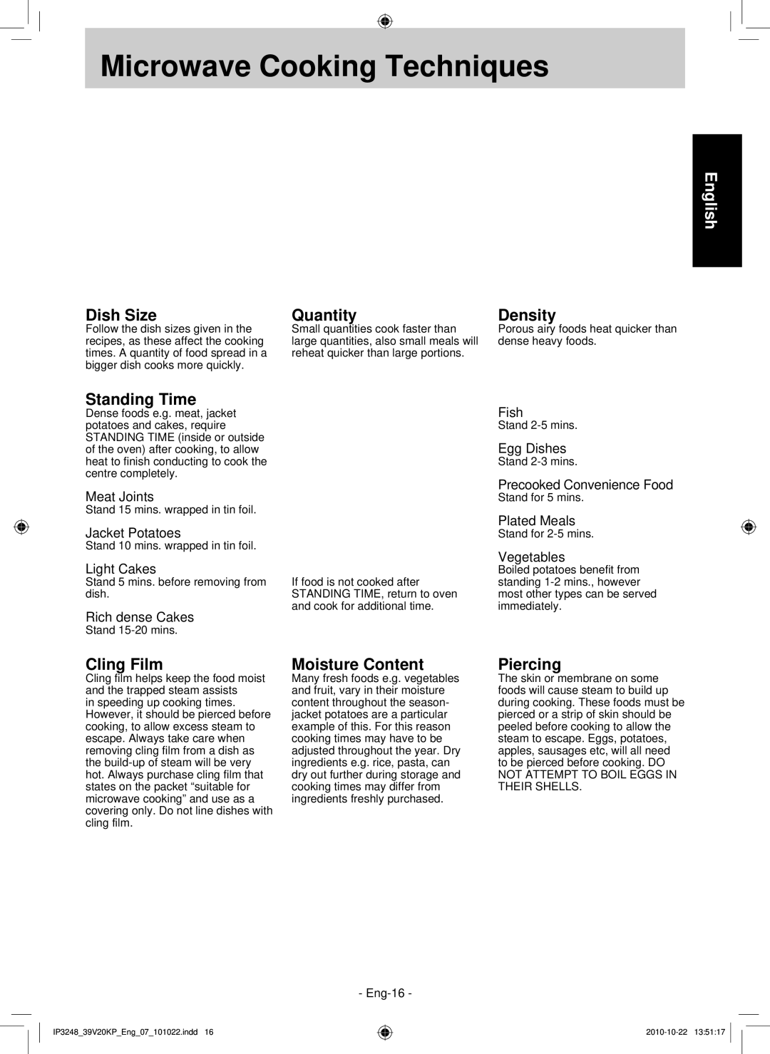 Panasonic NN-SM330W, NN-ST340W operating instructions Microwave Cooking Techniques 