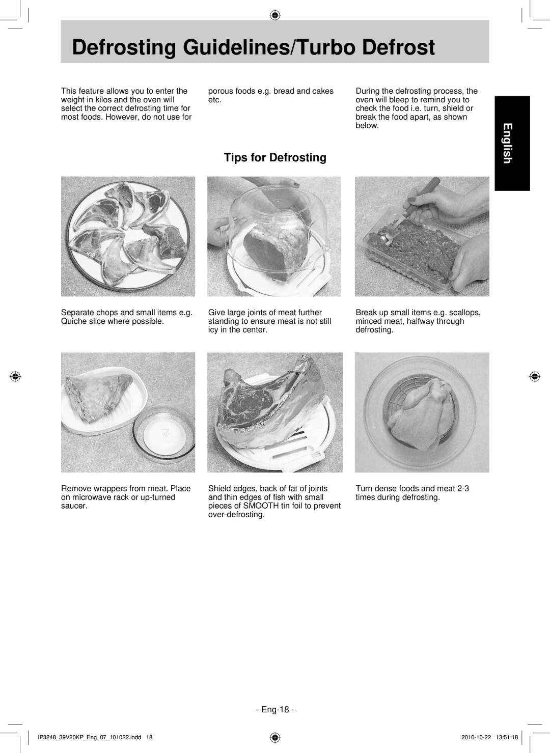 Panasonic NN-SM330W, NN-ST340W operating instructions Defrosting Guidelines/Turbo Defrost, Tips for Defrosting 