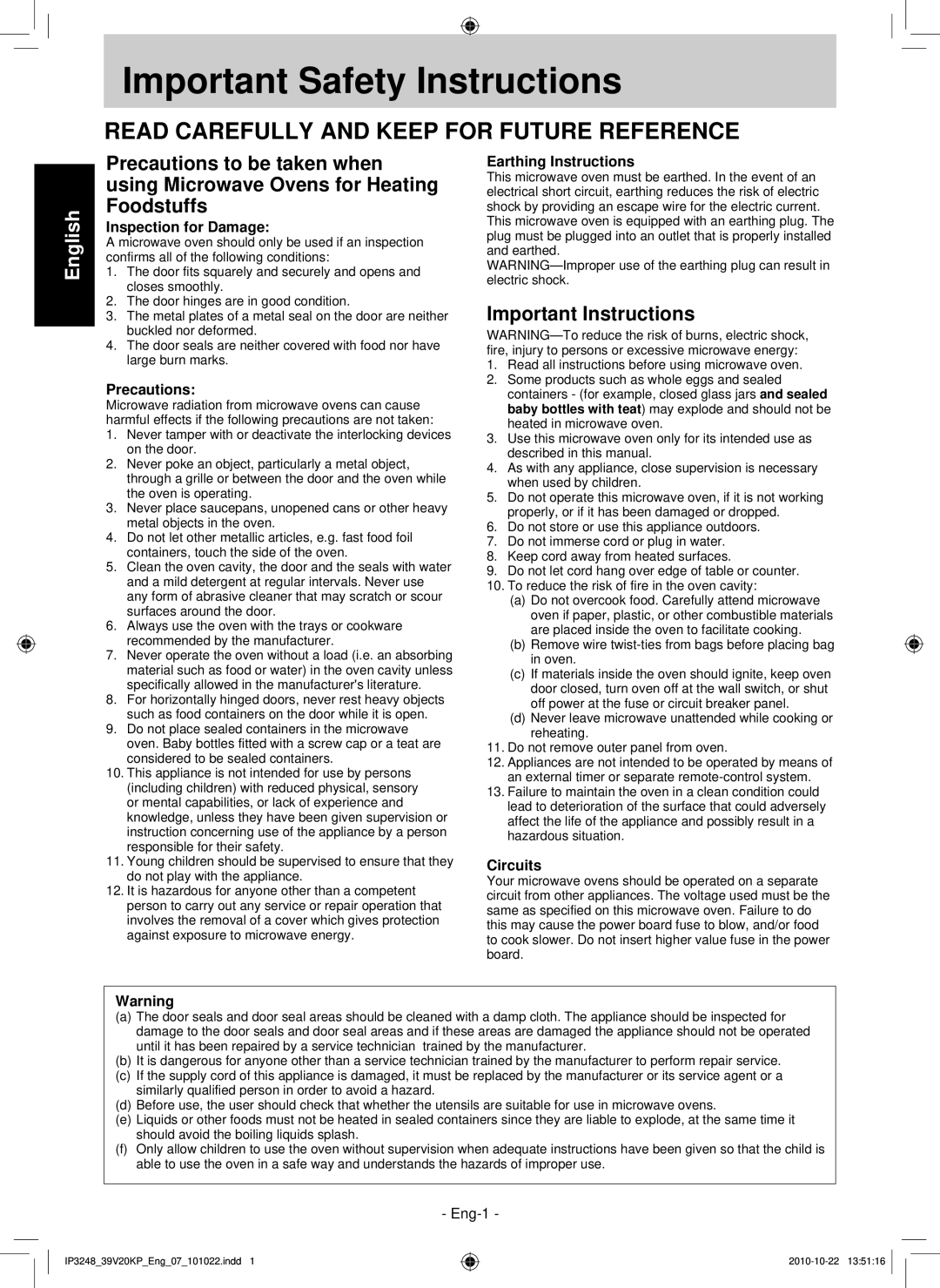 Panasonic NN-ST340W, NN-SM330W operating instructions Important Safety Instructions, Important Instructions 