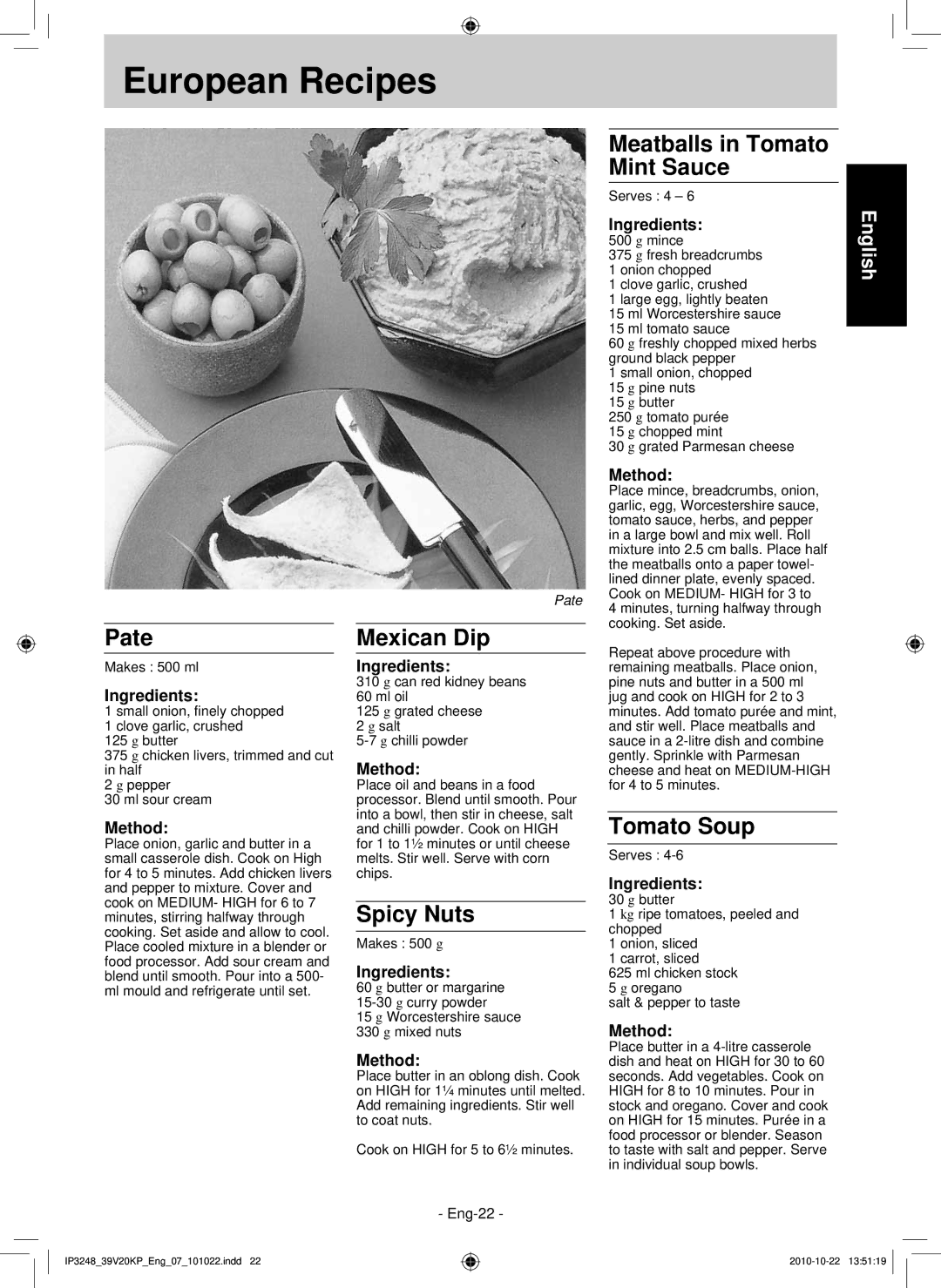 Panasonic NN-SM330W, NN-ST340W operating instructions European Recipes 