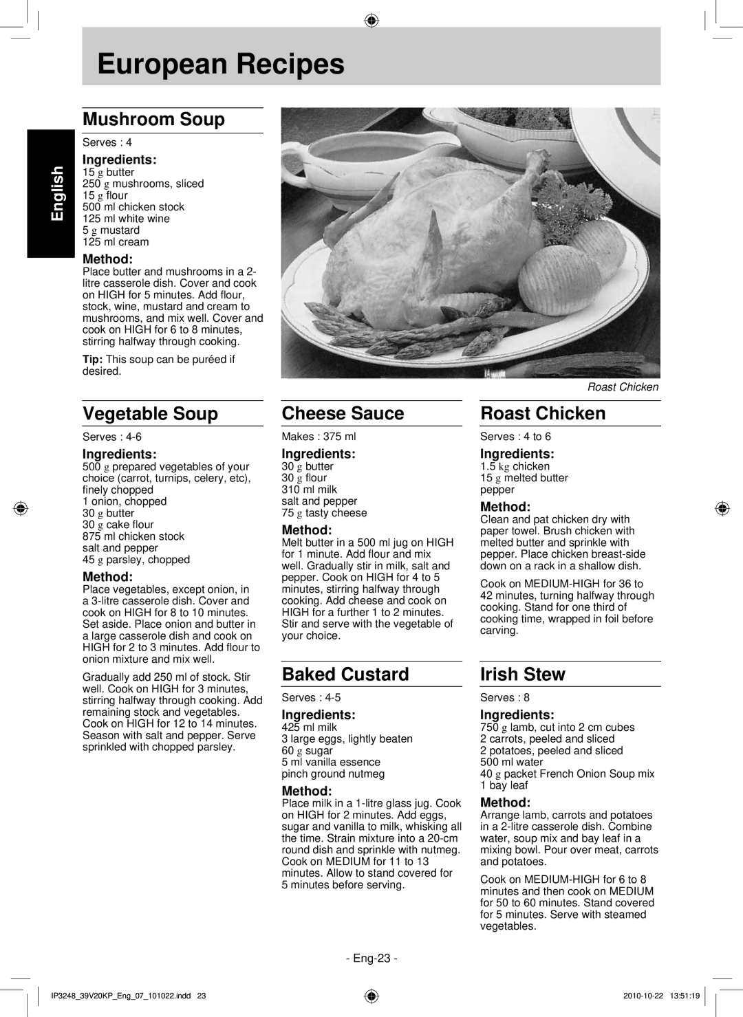 Panasonic NN-ST340W, NN-SM330W Mushroom Soup, Vegetable Soup, Cheese Sauce, Baked Custard, Roast Chicken, Irish Stew 