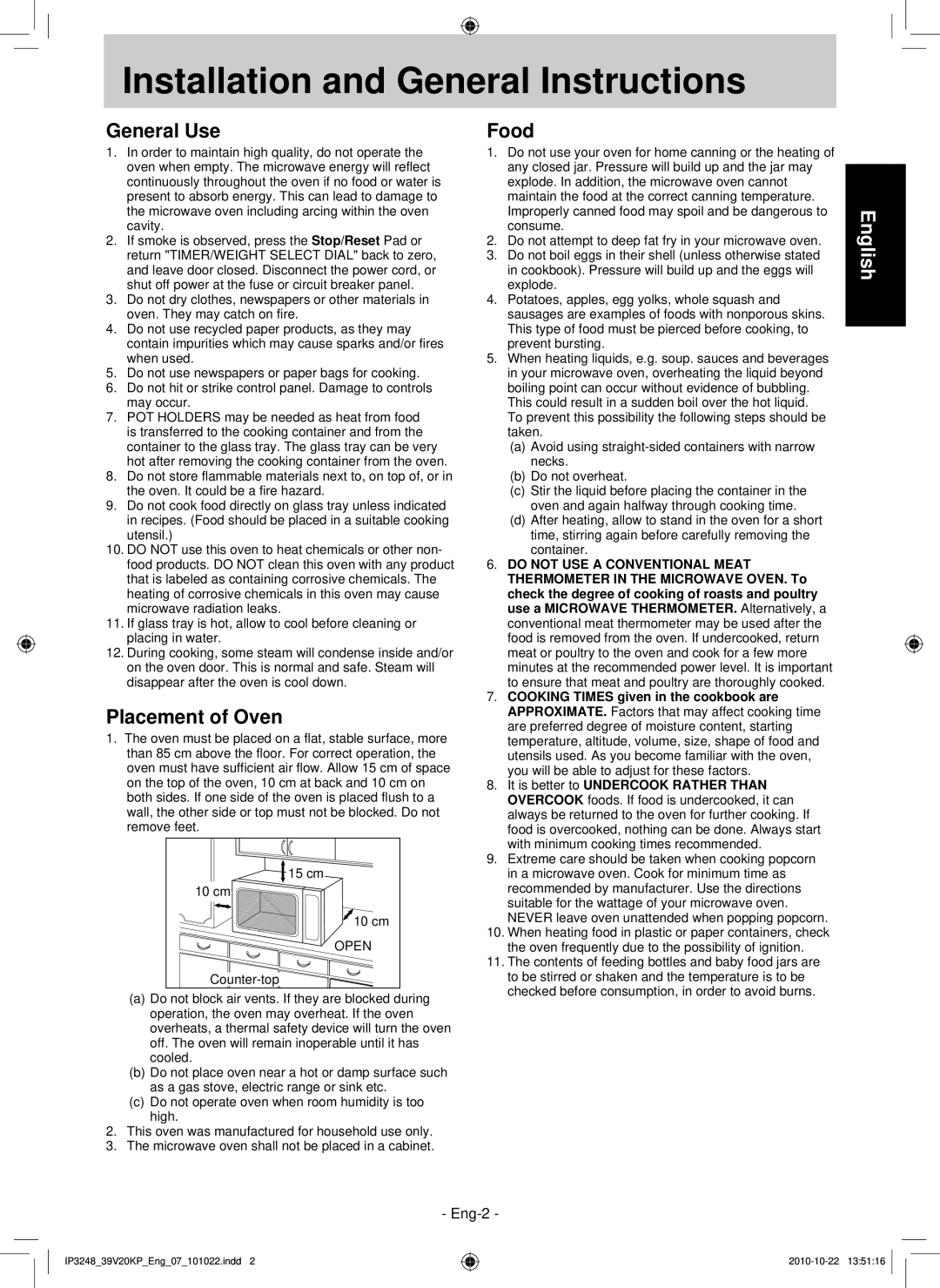 Panasonic NN-SM330W, NN-ST340W Installation and General Instructions, General Use, Placement of Oven, Food 