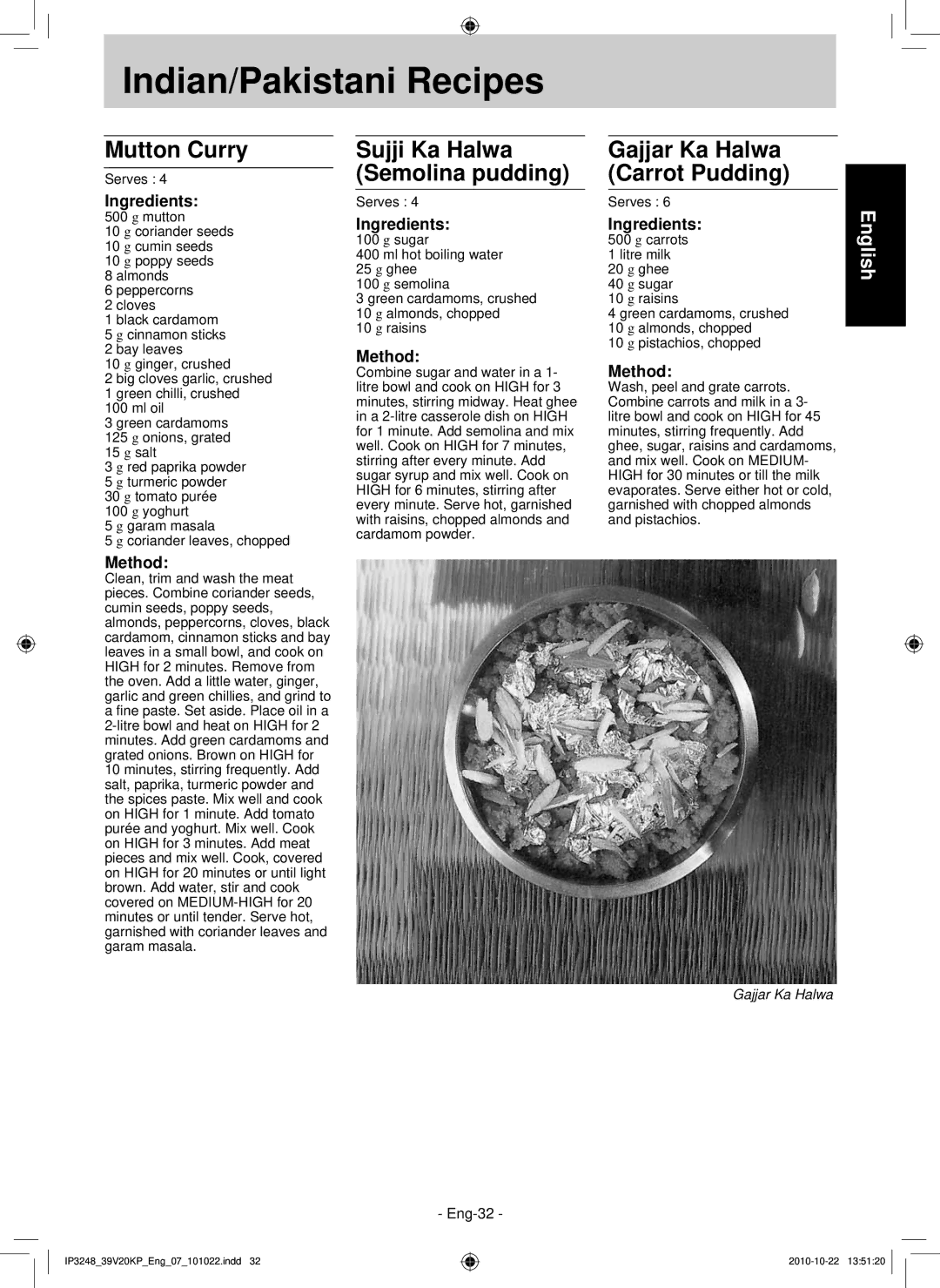 Panasonic NN-SM330W, NN-ST340W Mutton Curry, Sujji Ka Halwa Semolina pudding, Gajjar Ka Halwa Carrot Pudding 