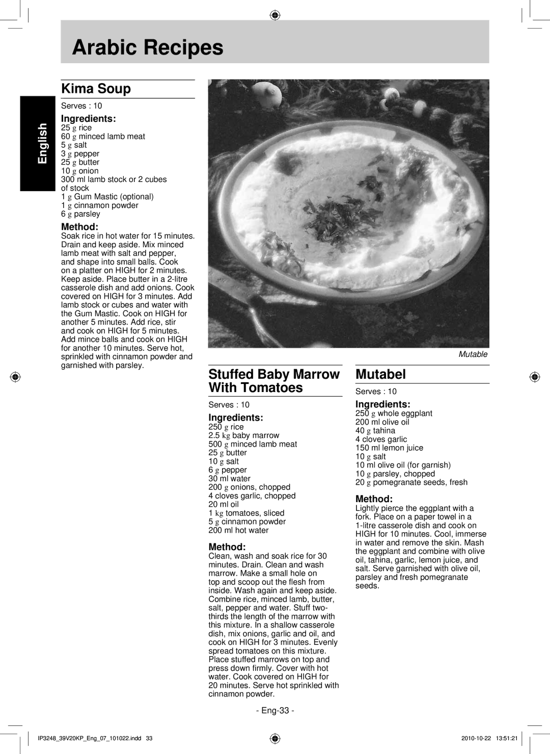 Panasonic NN-ST340W, NN-SM330W operating instructions Arabic Recipes, Kima Soup, Stuffed Baby Marrow With Tomatoes, Mutabel 