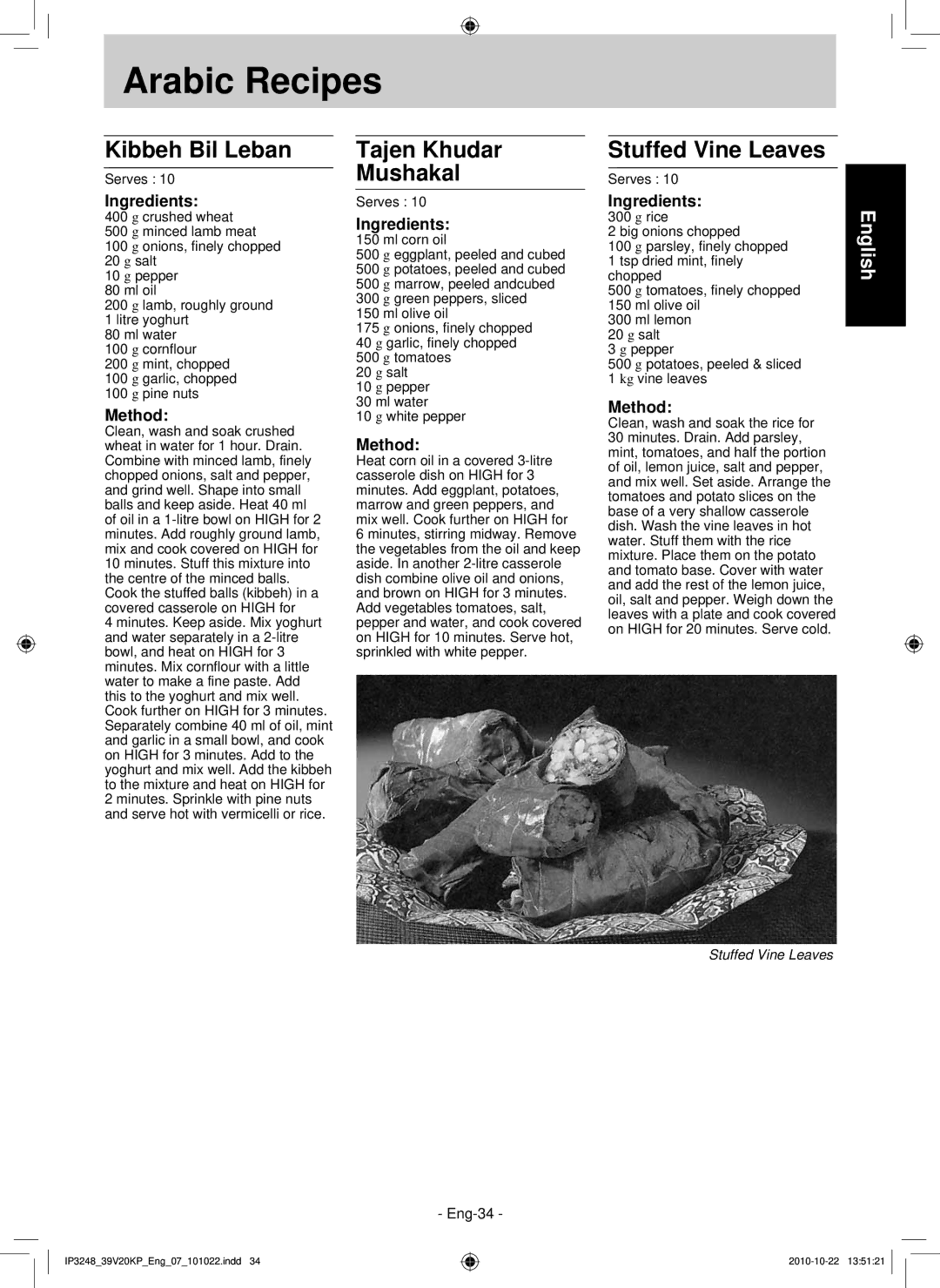 Panasonic NN-SM330W, NN-ST340W operating instructions Kibbeh Bil Leban, Tajen Khudar Mushakal, Stuffed Vine Leaves 