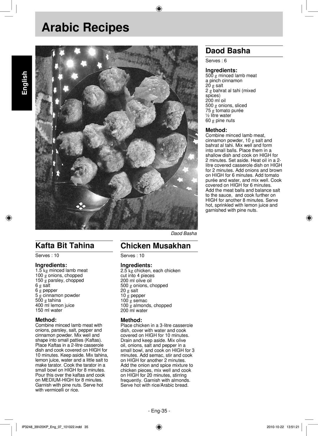 Panasonic NN-ST340W, NN-SM330W operating instructions Daod Basha, Kafta Bit Tahina, Chicken Musakhan 