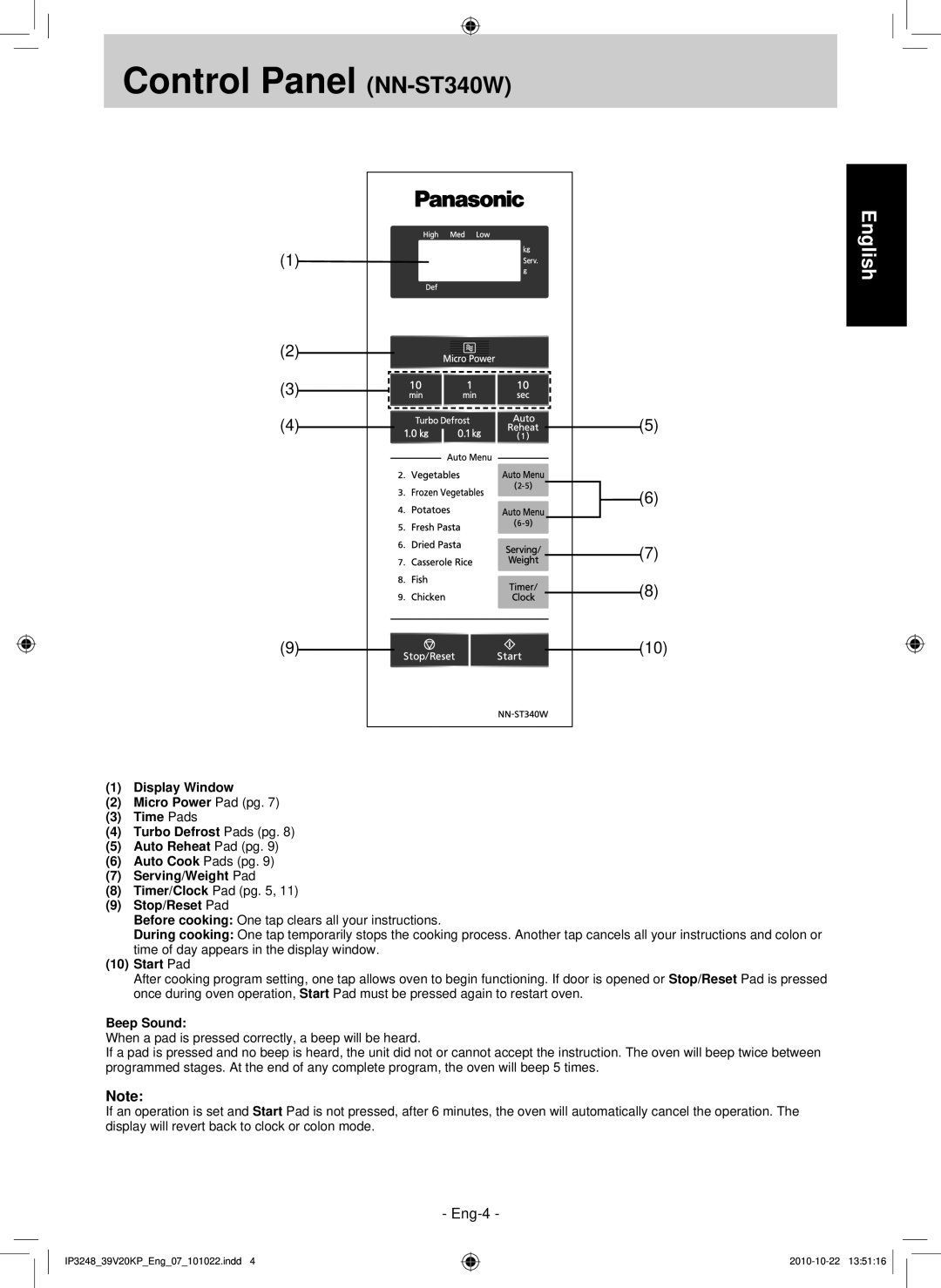 Panasonic NN-SM330W Control Panel NN-ST340W, Serving/Weight Pad, Stop/Reset Pad, Start Pad, Beep Sound 