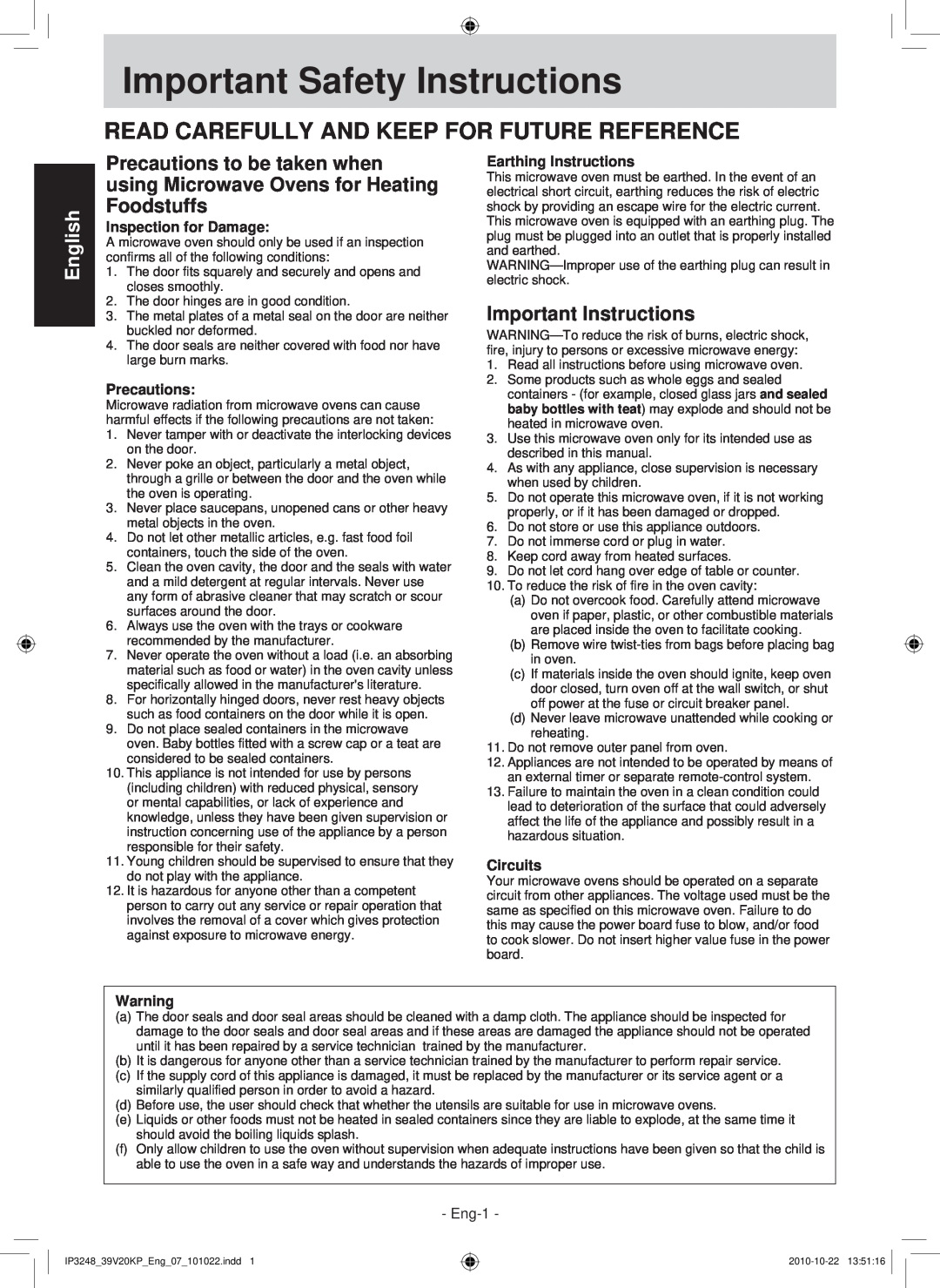 Panasonic NN-ST340W Important Safety Instructions, Read Carefully And Keep For Future Reference, English, Precautions 