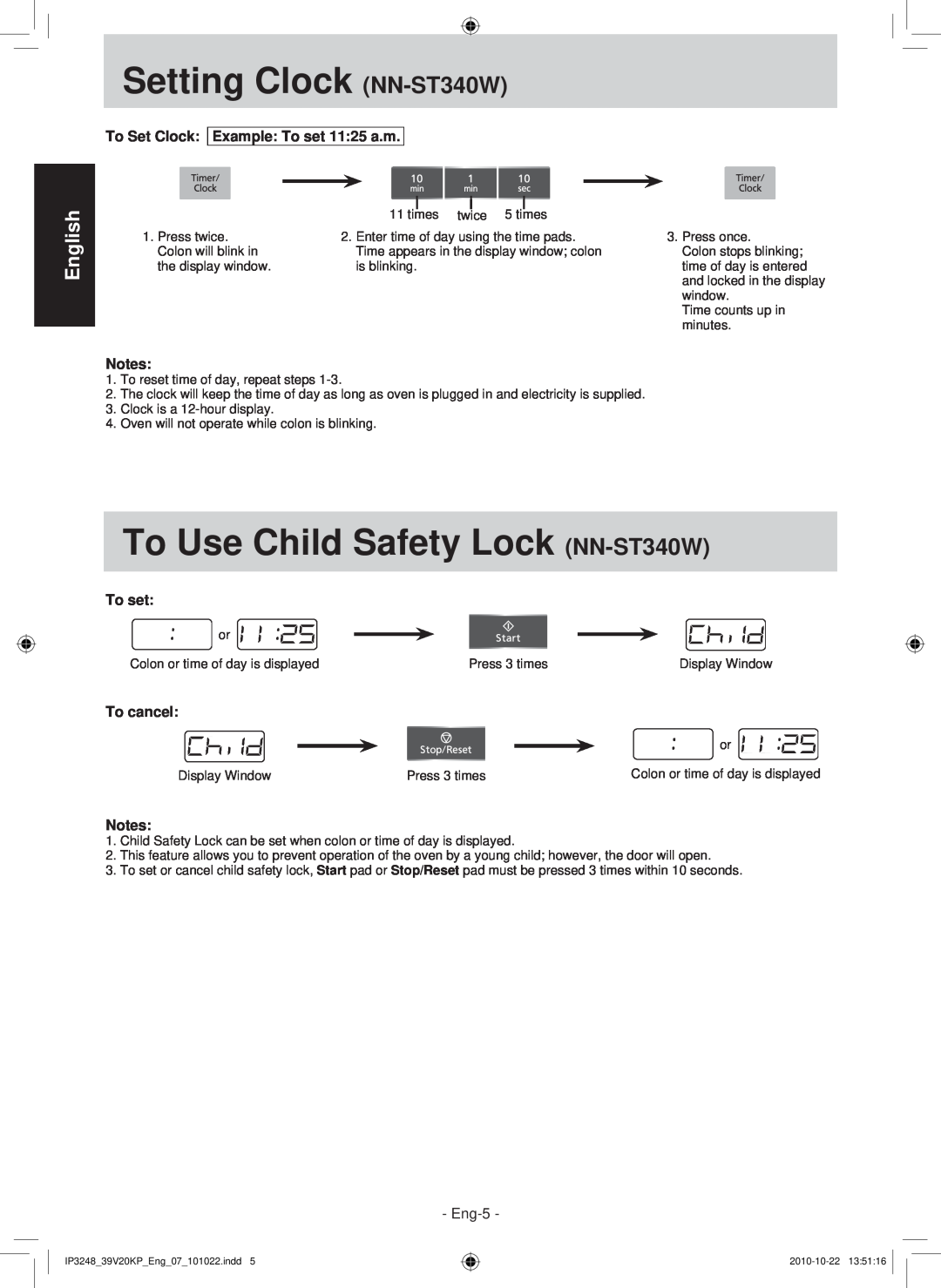 Panasonic Setting Clock NN-ST340W, To Use Child Safety Lock NN-ST340W, English, To Set Clock Example To set 1125 a.m 
