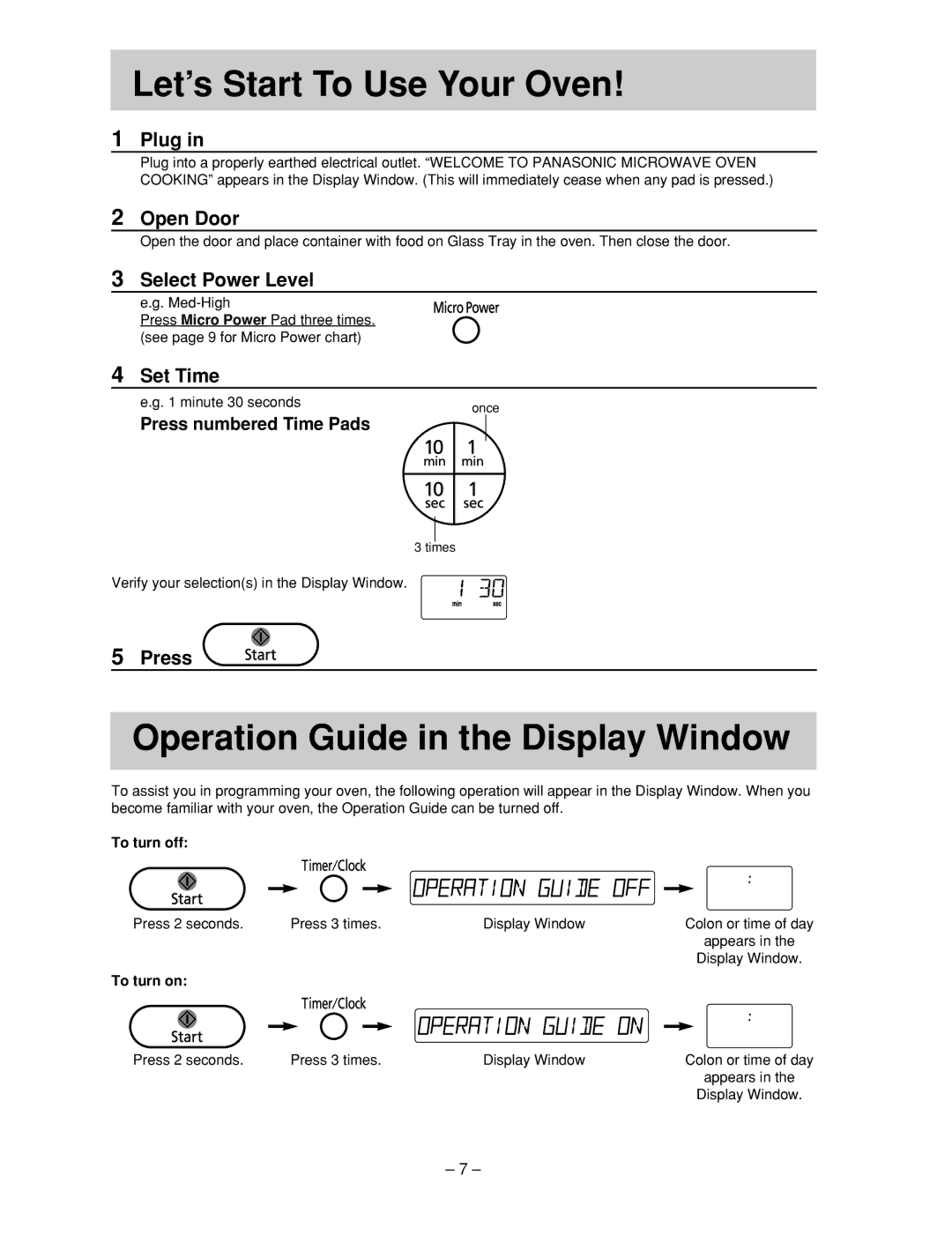 Panasonic NN-ST557W, NN-ST557M manual Let’s Start To Use Your Oven, Operation Guide in the Display Window 