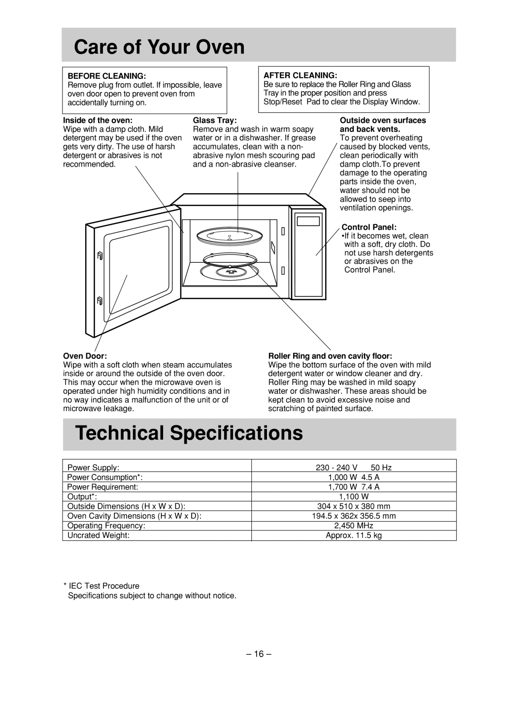 Panasonic NN-ST557M, NN-ST557W manual Care of Your Oven, Technical Specifications, Before Cleaning, After Cleaning 