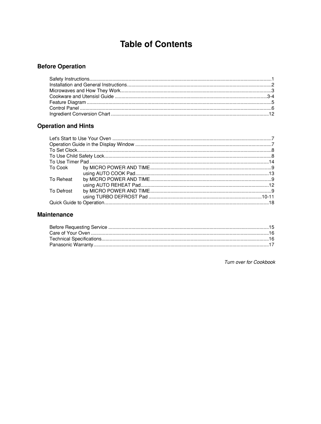 Panasonic NN-ST557M, NN-ST557W manual Table of Contents 