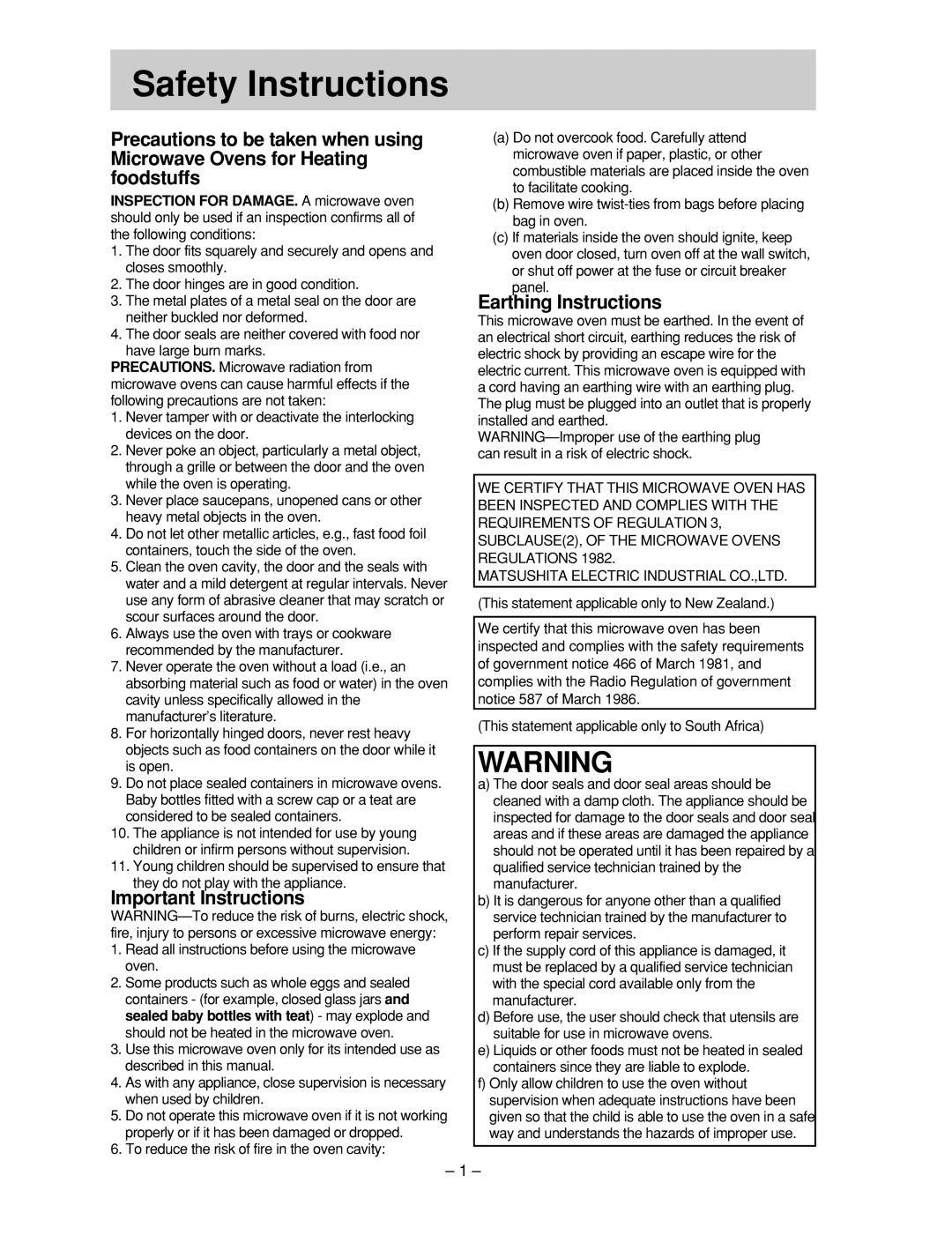 Panasonic NN-ST557W, NN-ST557M manual Safety Instructions, Important Instructions, Earthing Instructions 