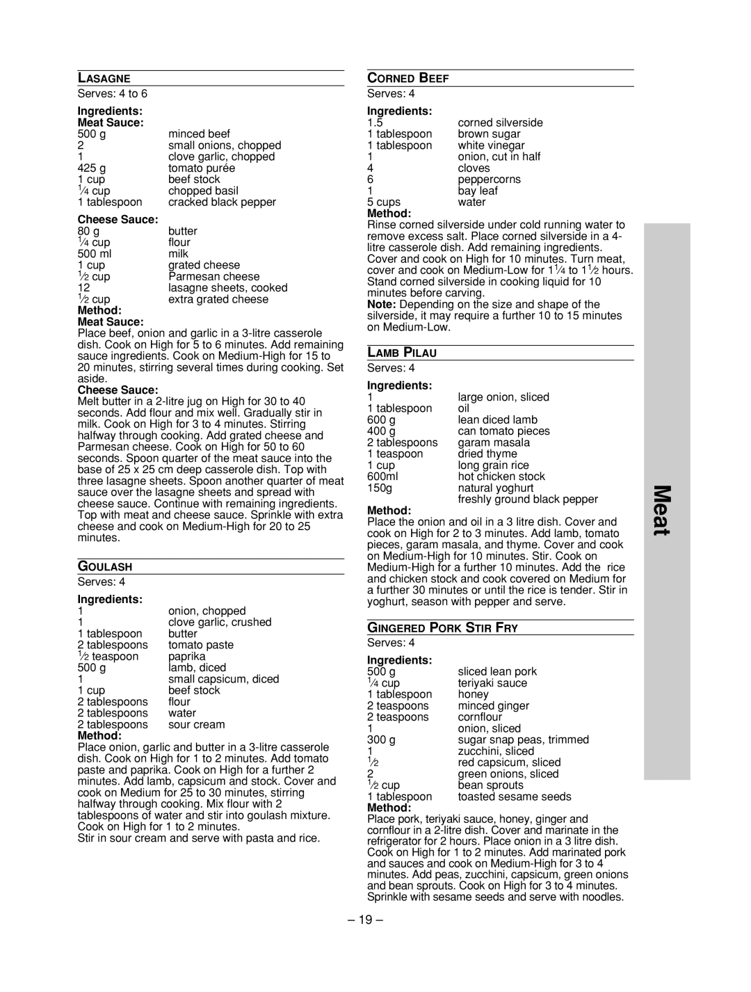 Panasonic NN-ST557M, NN-ST557W manual Ingredients Meat Sauce 500 g, Cheese Sauce, Method Meat Sauce, Ingredients 500 g 