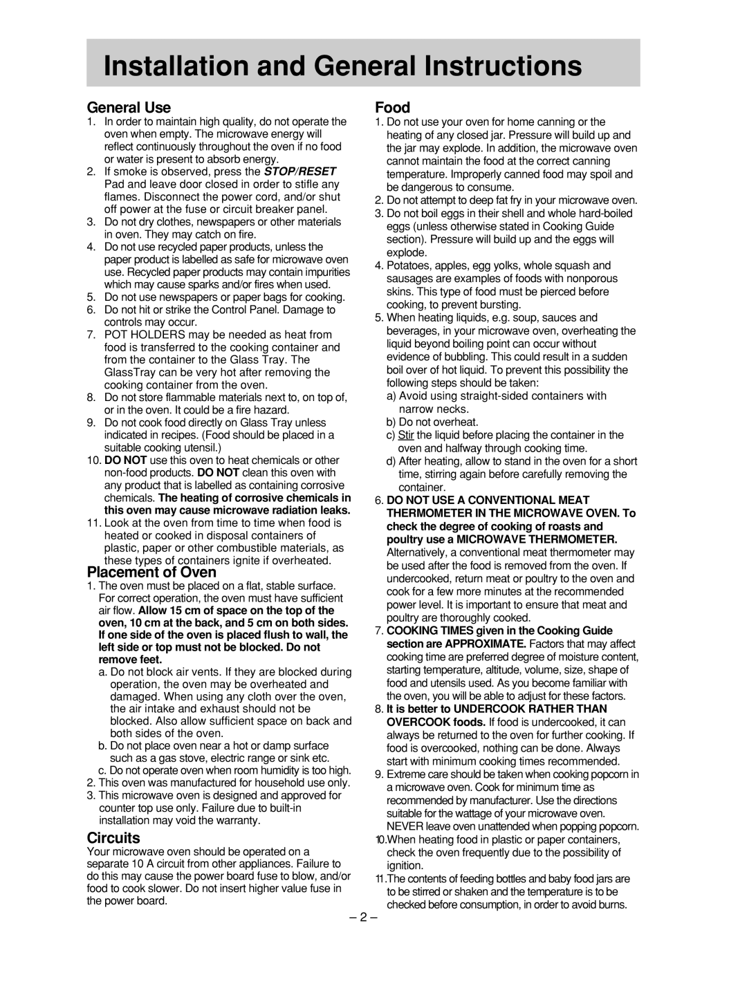 Panasonic NN-ST557M, NN-ST557W manual Installation and General Instructions, General Use, Placement of Oven, Circuits, Food 
