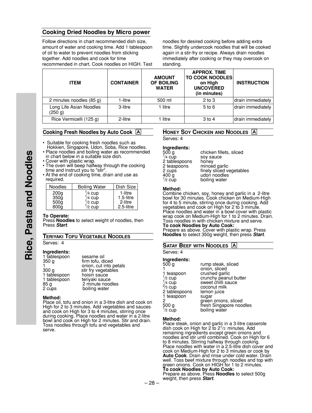 Panasonic NN-ST557W, NN-ST557M Cooking Dried Noodles by Micro power, Cooking Fresh Noodles by Auto Cook Å, Instruction 