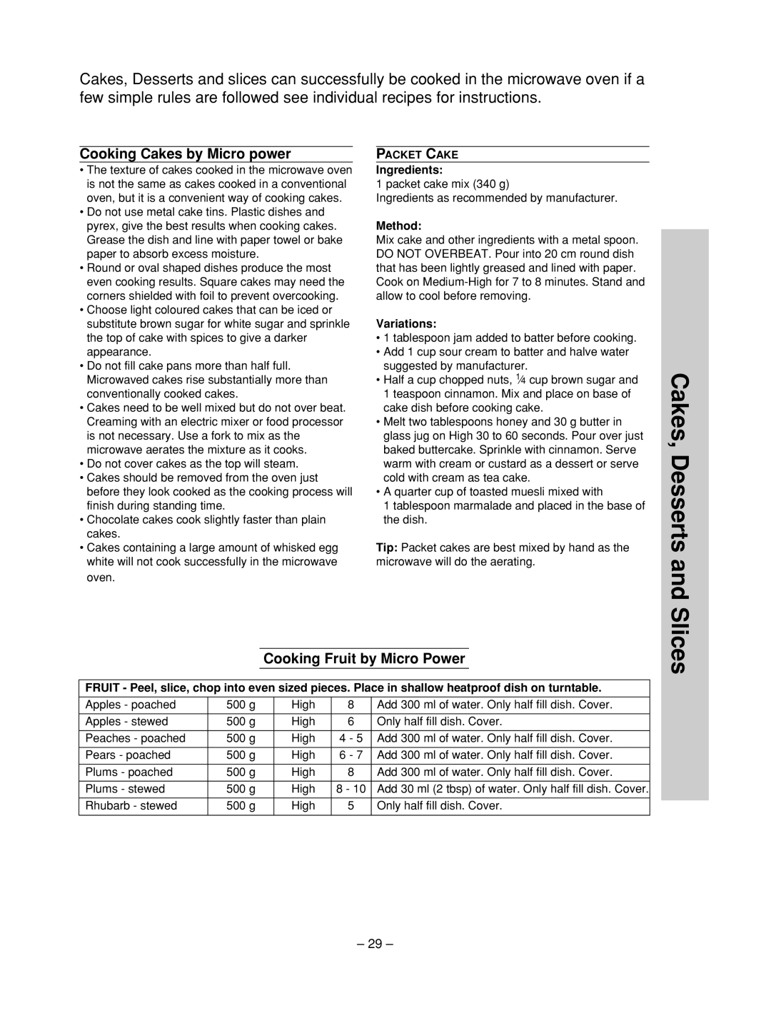 Panasonic NN-ST557M, NN-ST557W manual Cooking Cakes by Micro power, Cooking Fruit by Micro Power, Variations 